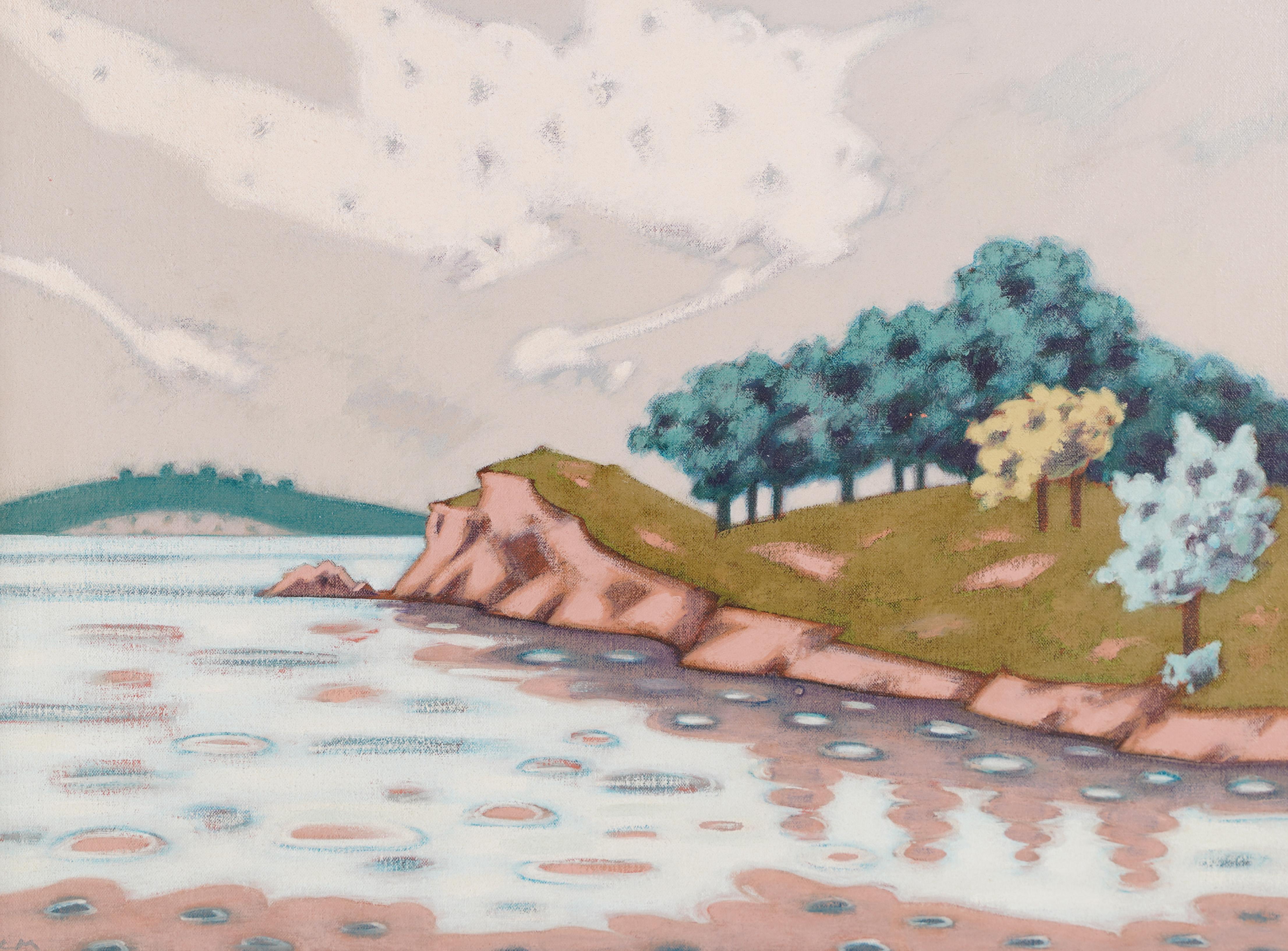 Peinture à l'huile vintage américaine moderniste et fauviste - Paysage fauviste signée Oklahoma Lake - Beige Landscape Painting par Unknown