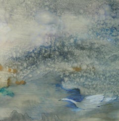 Vintage American Modernist Female Artist Oil Pastel "Swan In the Mist"