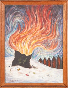 Vintage American Modernist Fire Scene Signed Rare Oil Painting