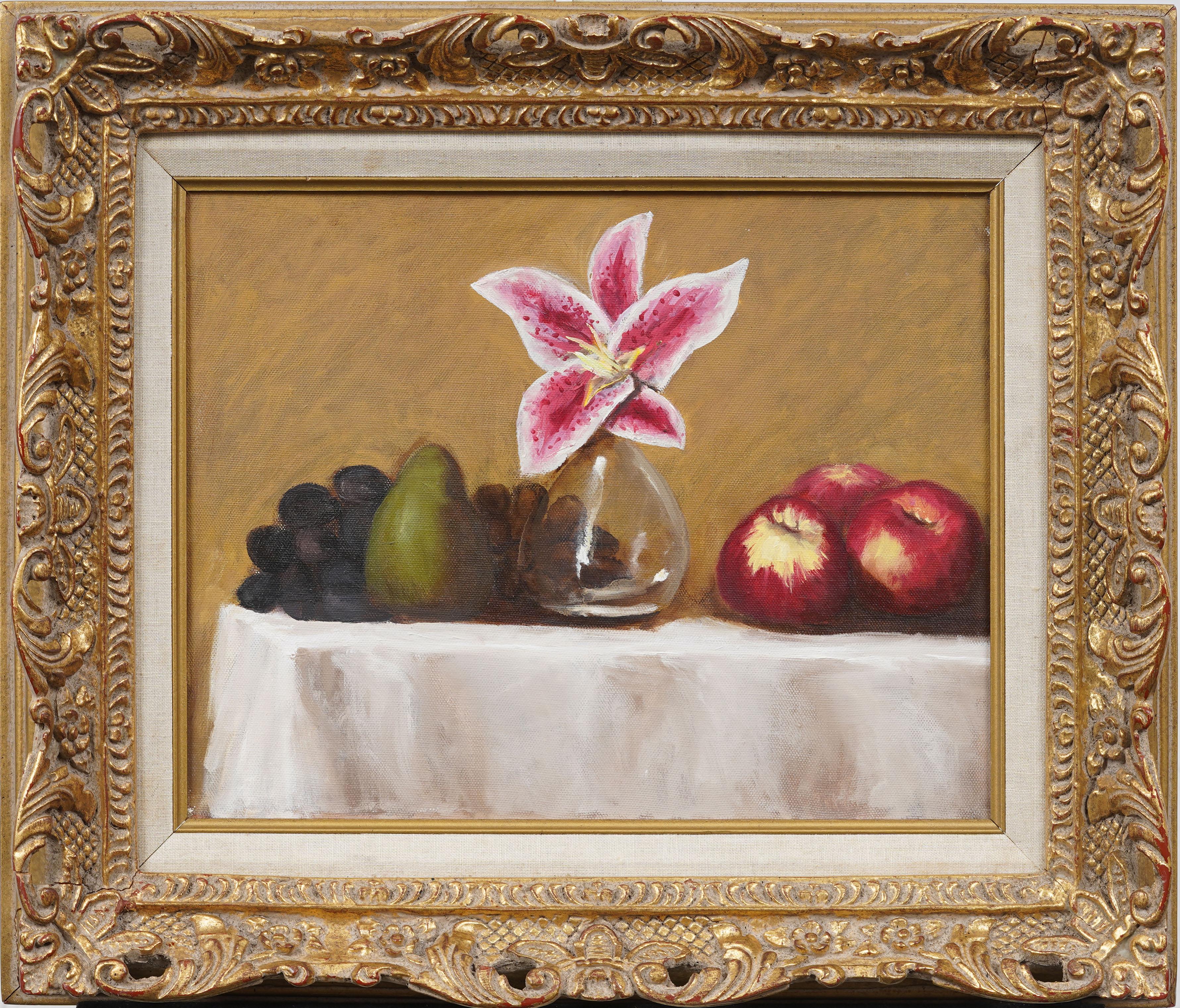 Vintage American Modernist Flower & Fruit Still Life Gilt Framed Oil Painting - Brown Interior Painting by Unknown