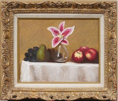 Vintage American Modernist Flower & Fruit Still Life Gilt Framed Oil Painting