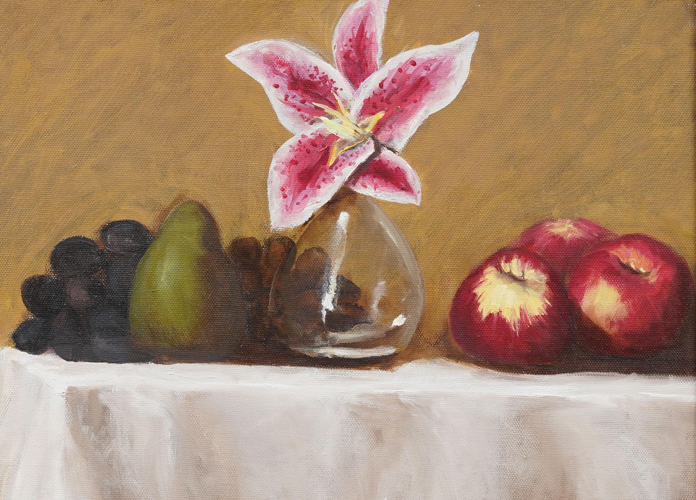 Vintage American Modernist Flower & Fruit Still Life Gilt Framed Oil Painting For Sale 1