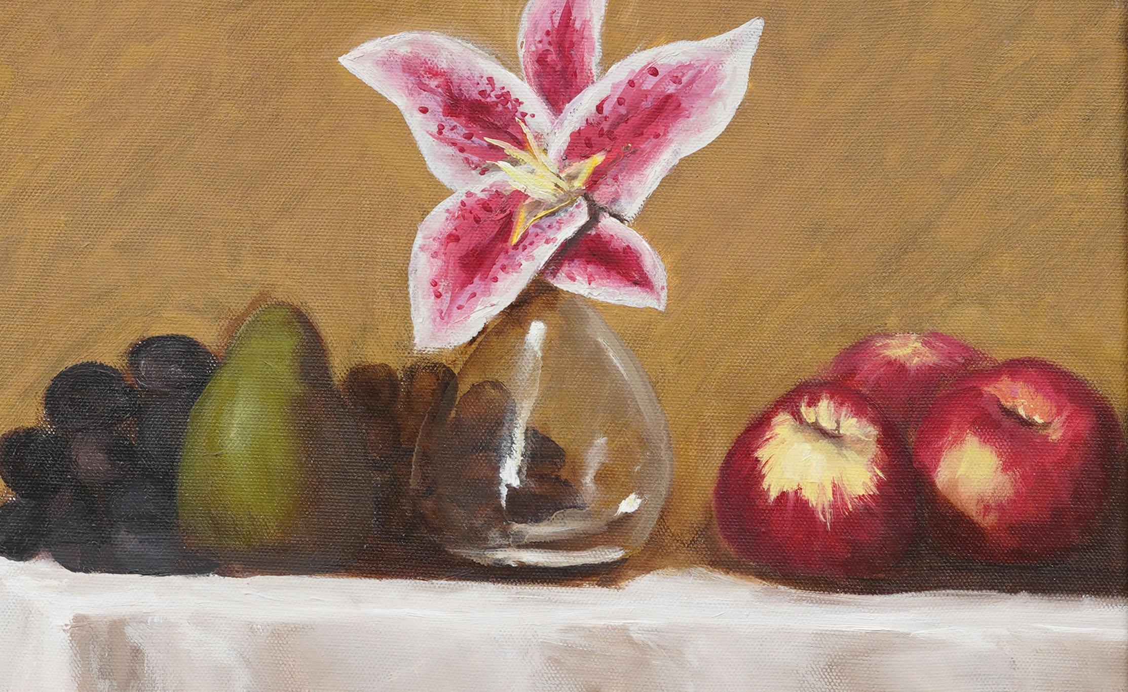 Vintage American Modernist Flower & Fruit Still Life Gilt Framed Oil Painting For Sale 2