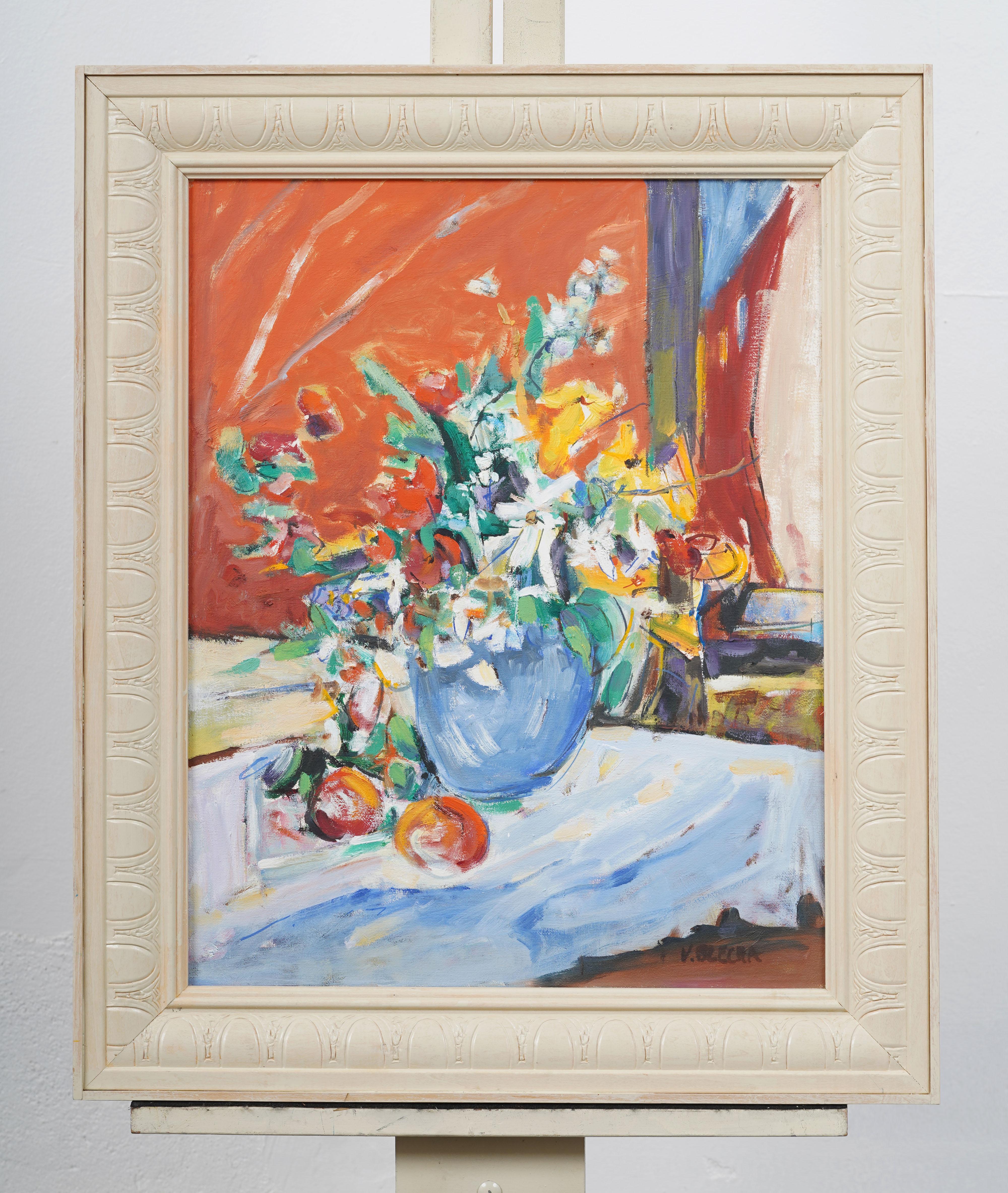 Vintage American modernist framed still life painting.  Oil on canvas.  Framed.  Signed.  Image size, 16 by 20 inches.  