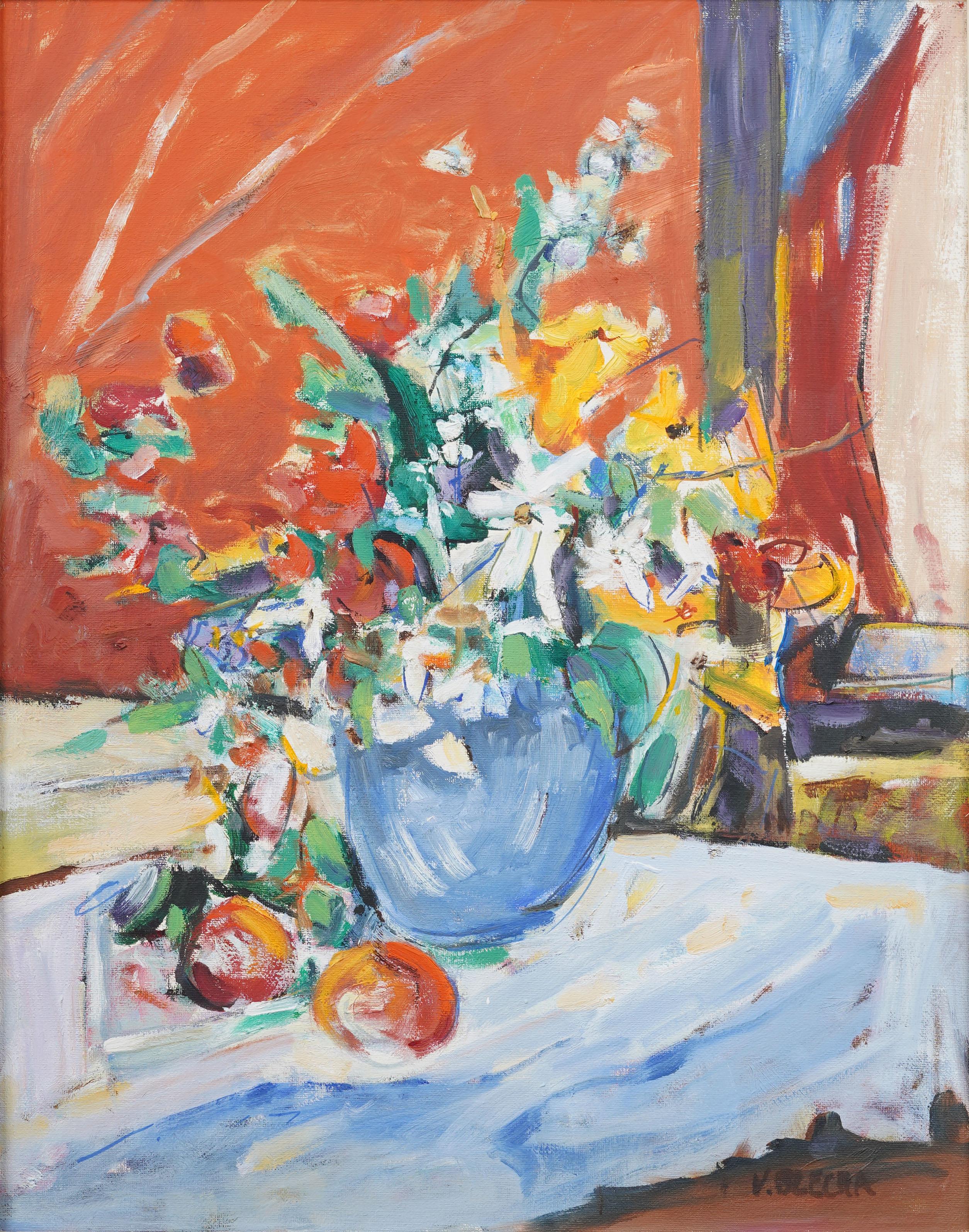 Vintage American Modernist Flower Still Life Framed Interior Scene Oil Painting For Sale 1