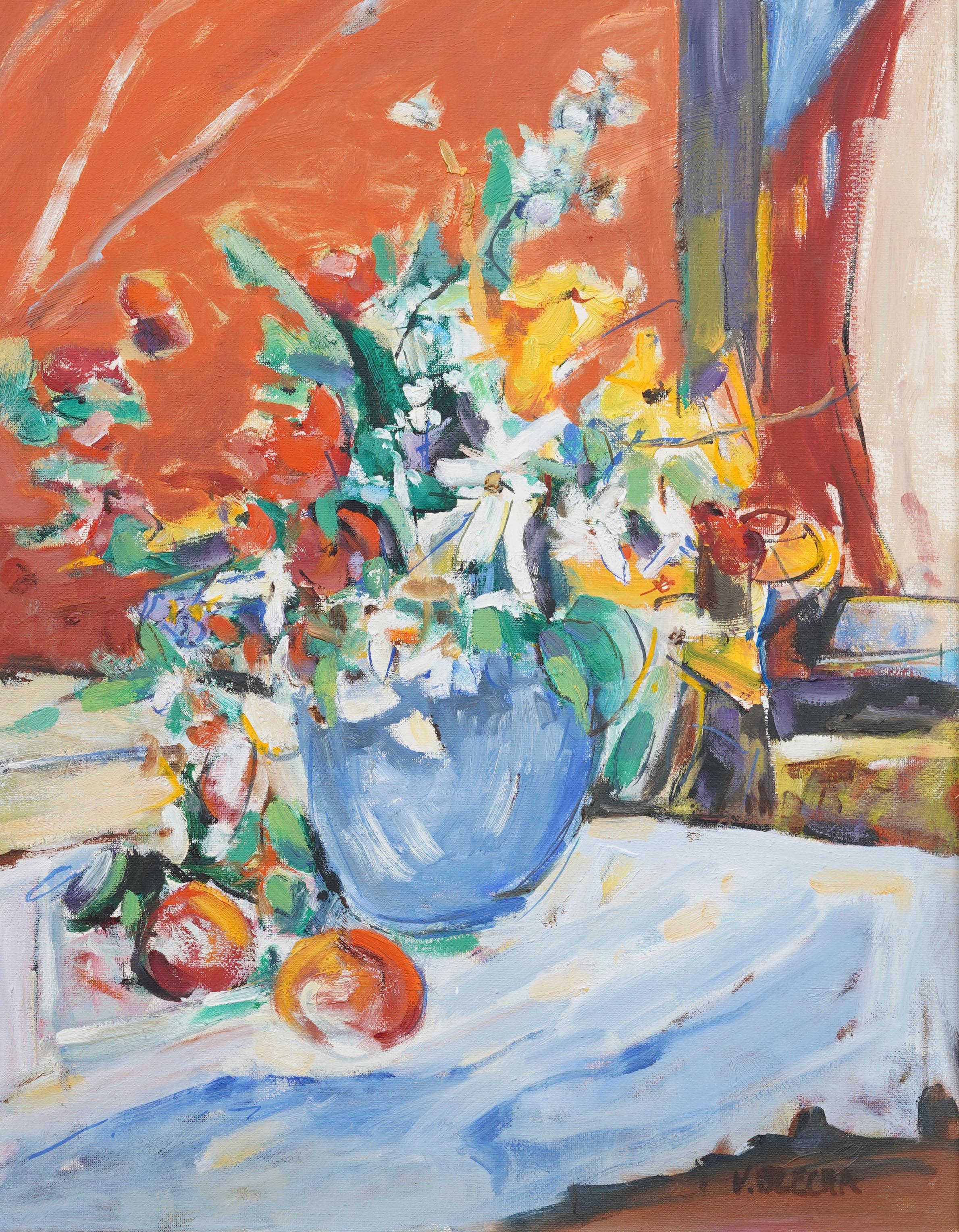 Vintage American Modernist Flower Still Life Framed Interior Scene Oil Painting For Sale 2