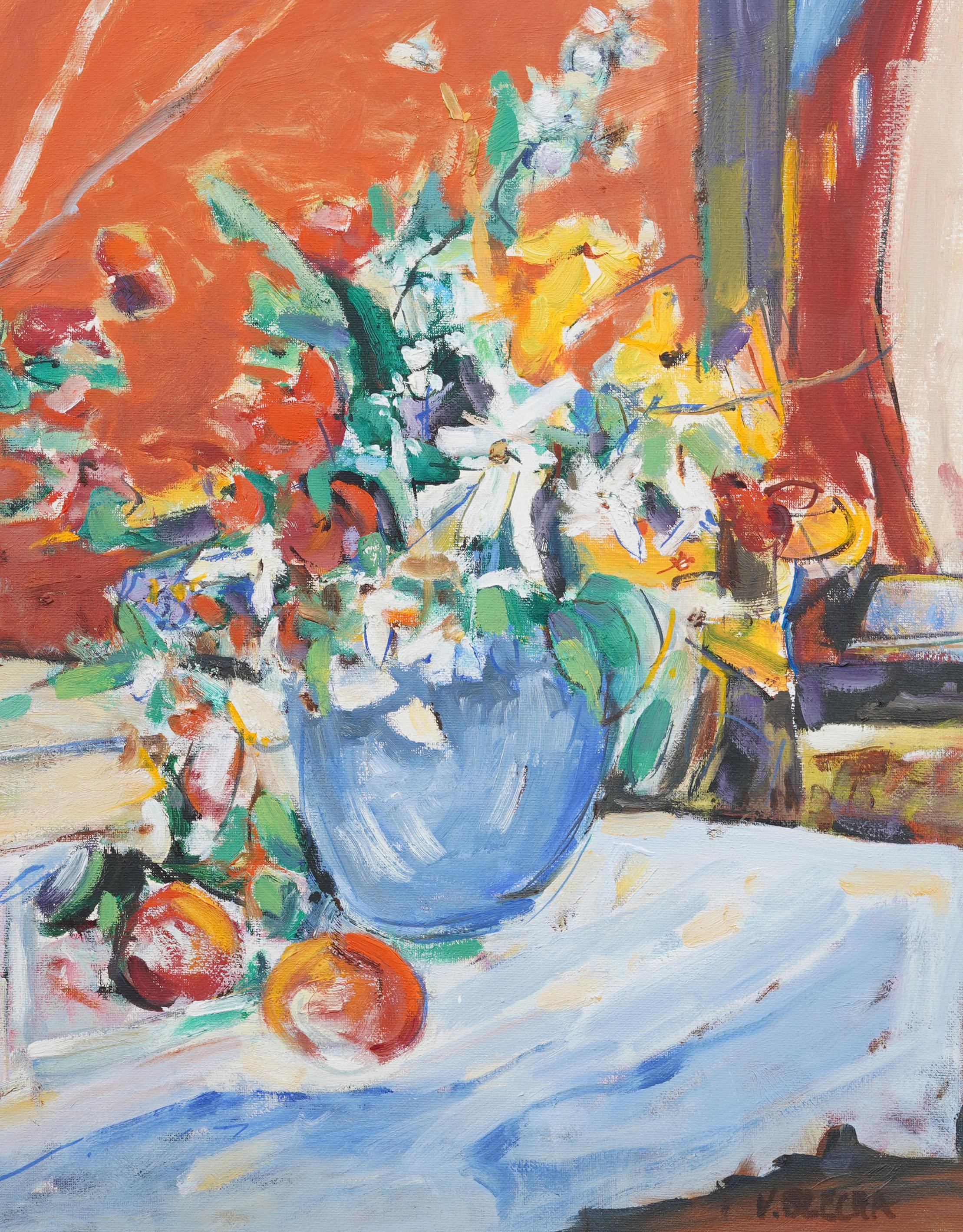 Vintage American Modernist Flower Still Life Framed Interior Scene Oil Painting For Sale 3