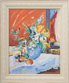 Vintage American Modernist Flower Still Life Framed Interior Scene Oil Painting