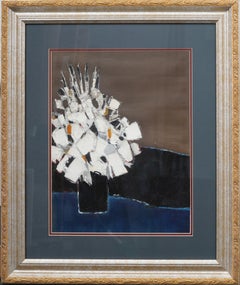 Nature morte à la fleur blanche, expressionnisme abstrait, vintage, moderniste américain, encadré