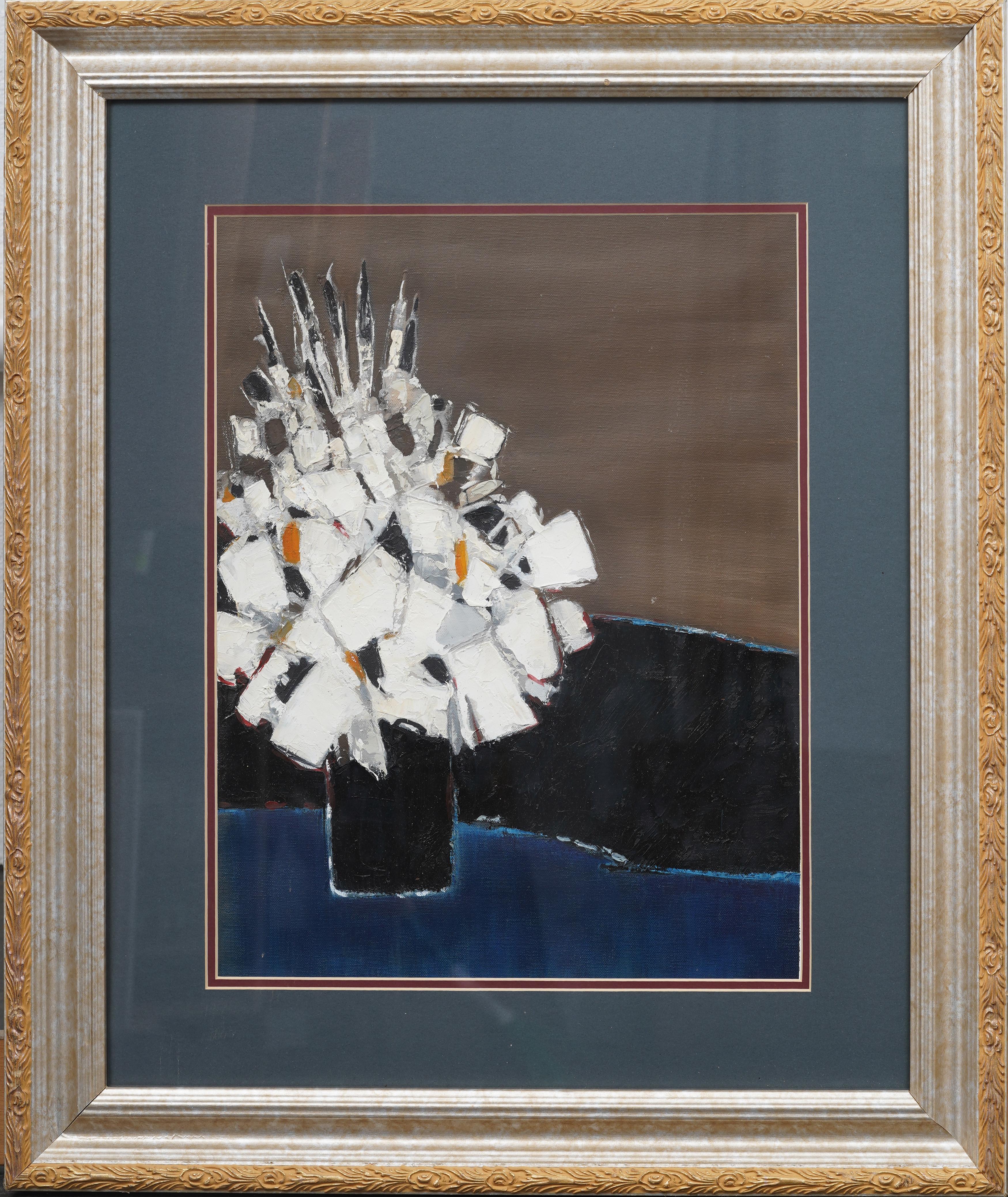 Still-Life Painting Unknown - Nature morte à la fleur blanche, expressionnisme abstrait, vintage, moderniste américain, encadré