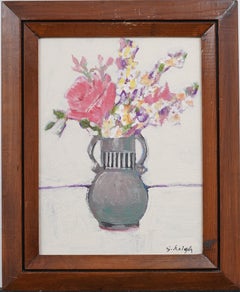 Vintage American Modernist Framed Abstract Flower Still Life Oil Painting