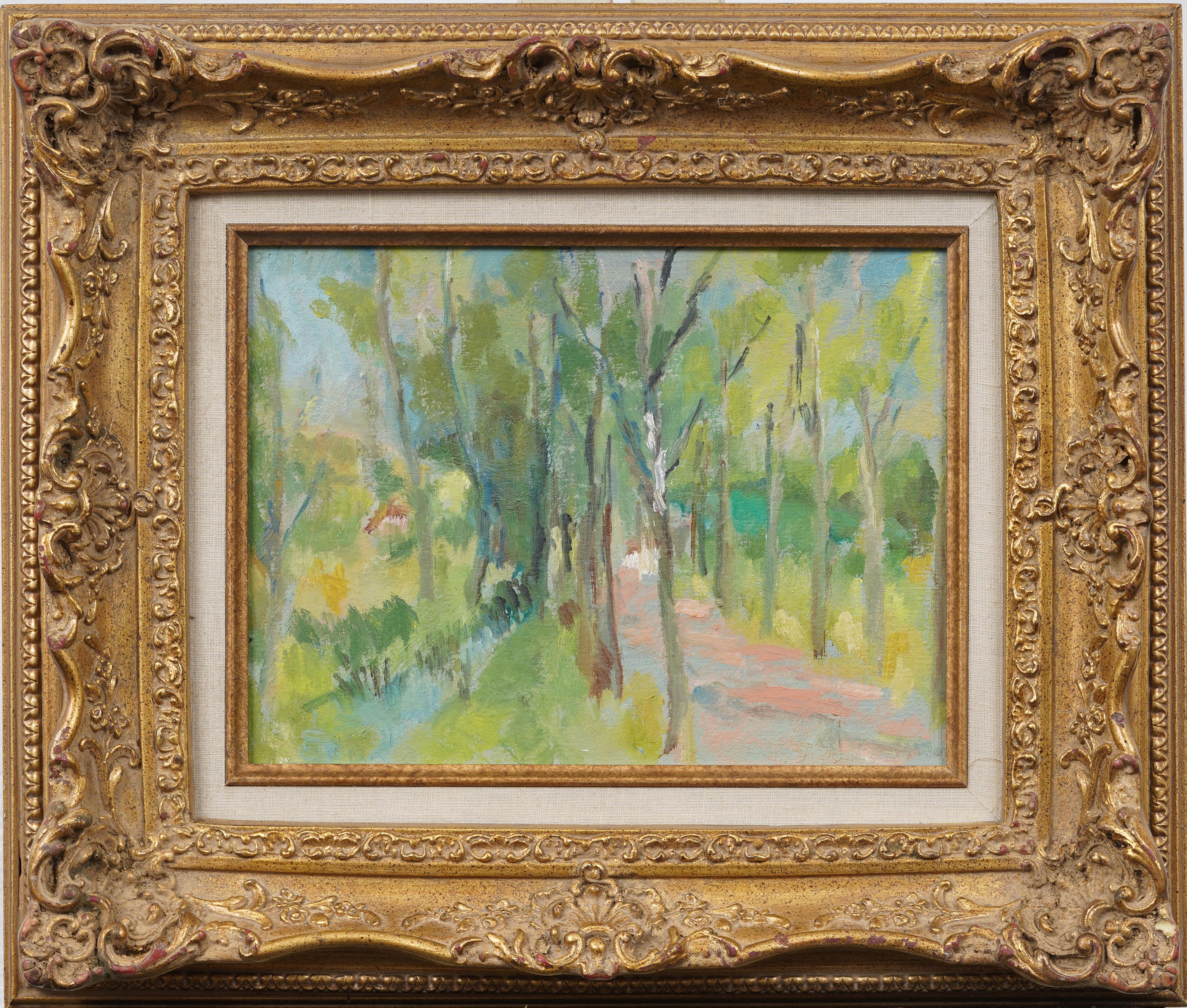 Vintage American Modernist Framed Landscape Mid Century Oil Painting - Brown Landscape Painting by Unknown