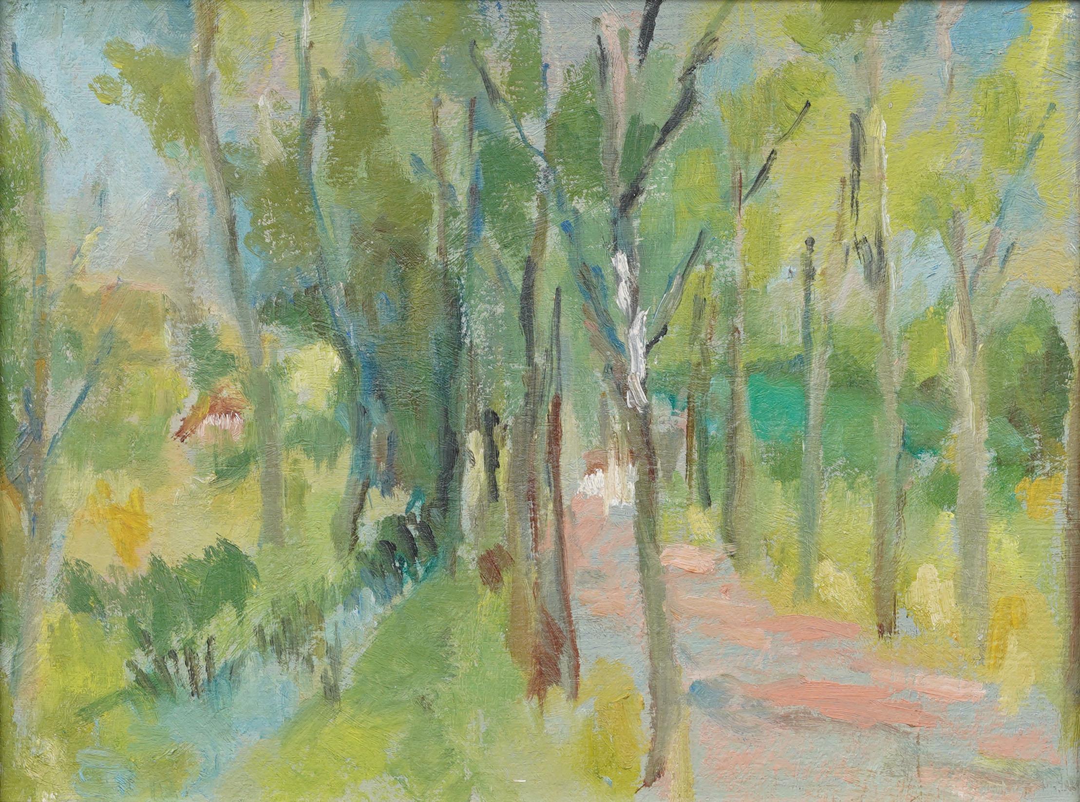 Vintage American modernist landscape painting.  Oil on canvas board.  Framed.  