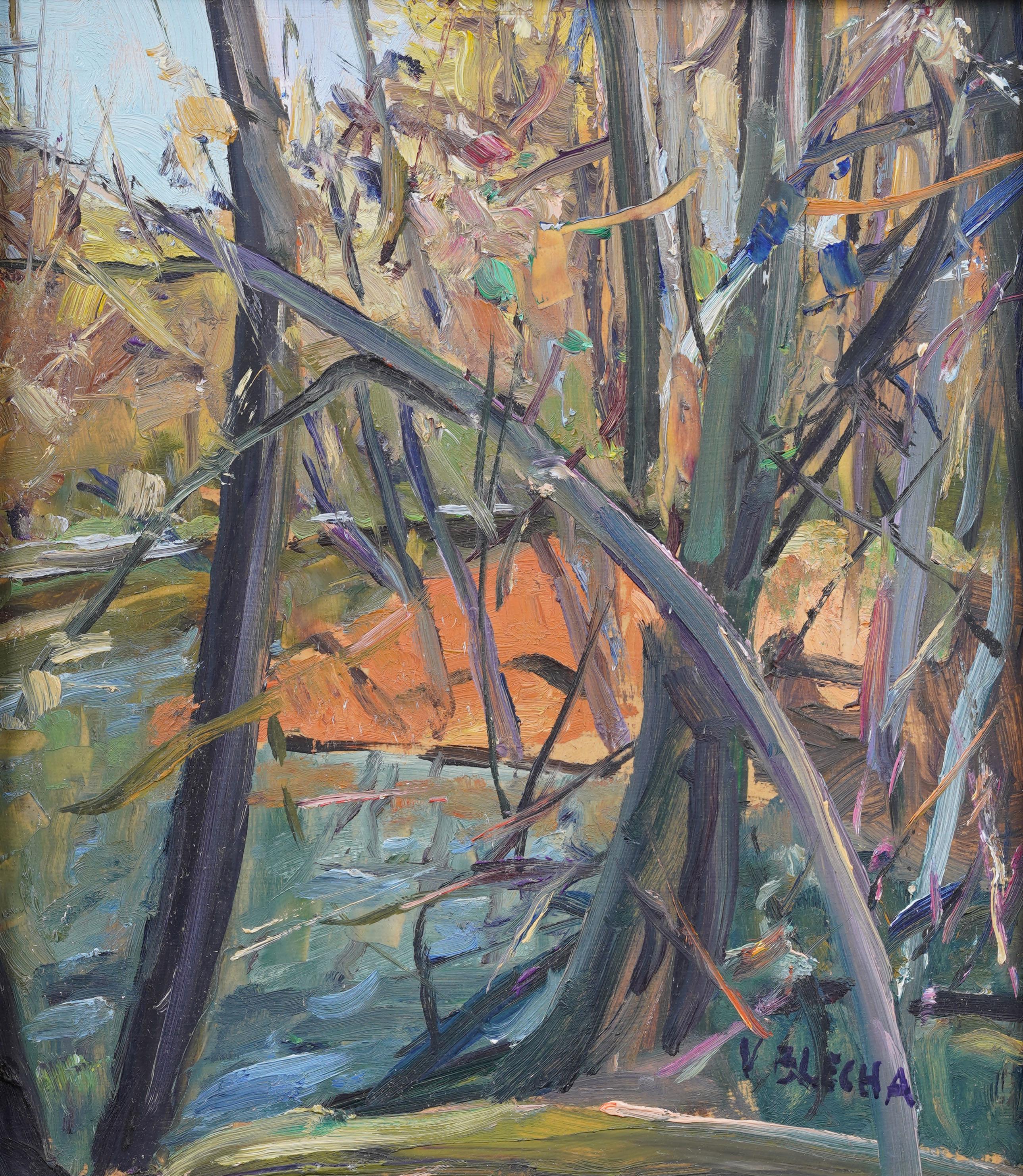 Vintage American Modernist Gerahmte Landschaft Signiert Fall River Szene Ölgemälde (Moderne), Painting, von Unknown