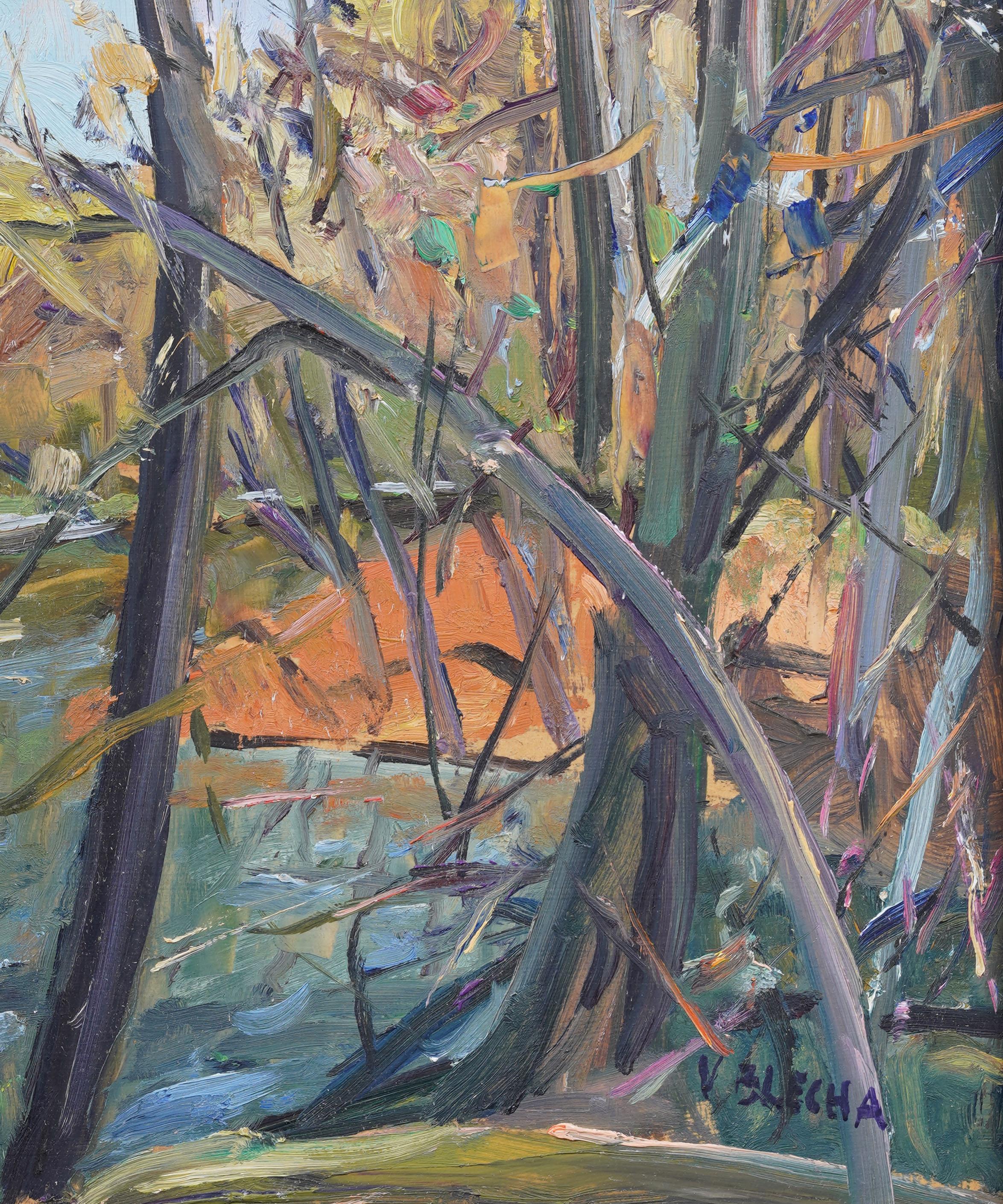 Vintage American Modernist Gerahmte Landschaft Signiert Fall River Szene Ölgemälde (Schwarz), Landscape Painting, von Unknown