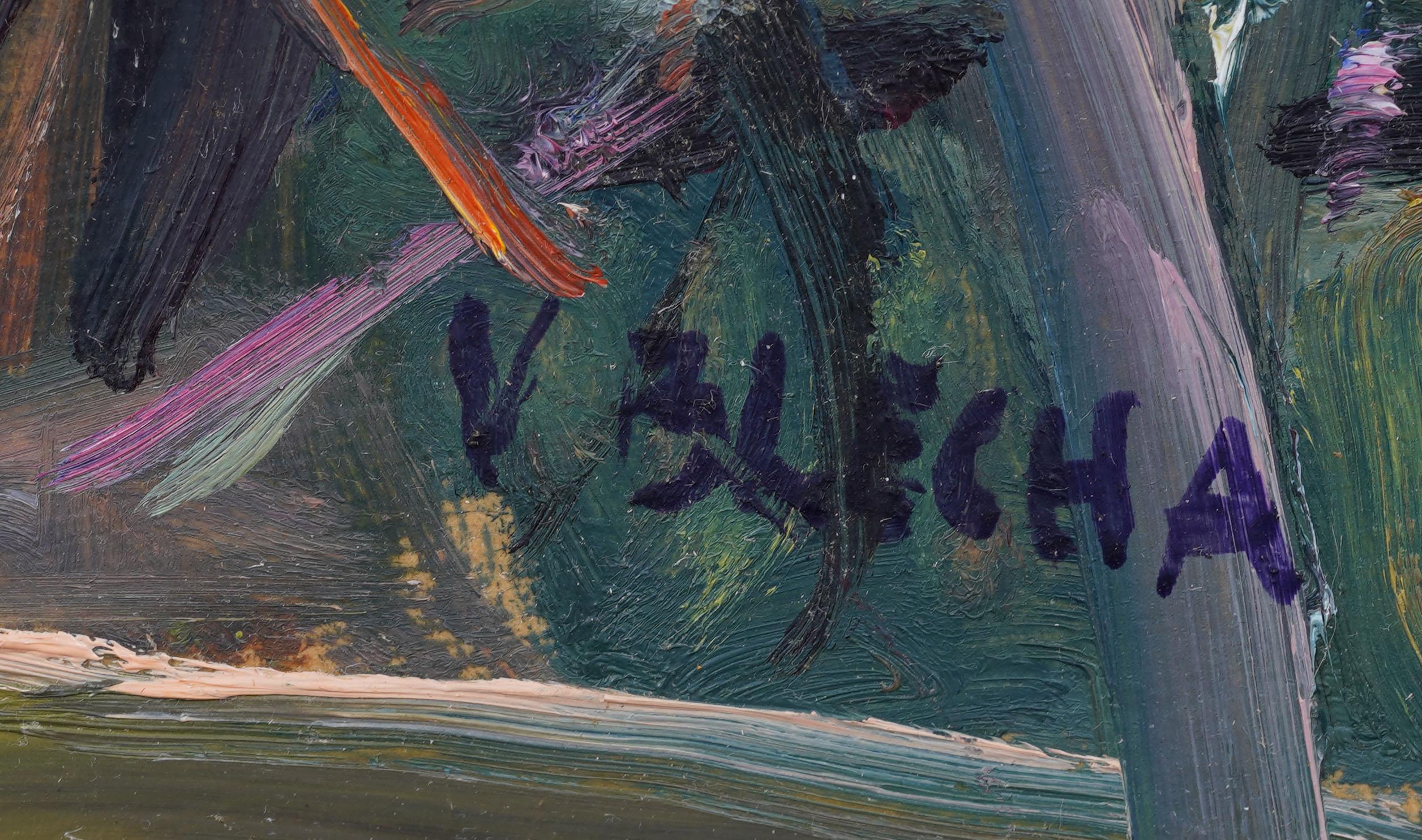 Vintage American modernist Landschaft Ölgemälde. Öl auf Karton. Unterschrieben. Gerahmt. Provenienz aus einer Sammlung in Sag Harbor, NY. Messen: 15 x 14 Zoll insgesamt.  Hübsch gerahmt in einer Holzleiste.  Ausgezeichneter Zustand, bereit zum