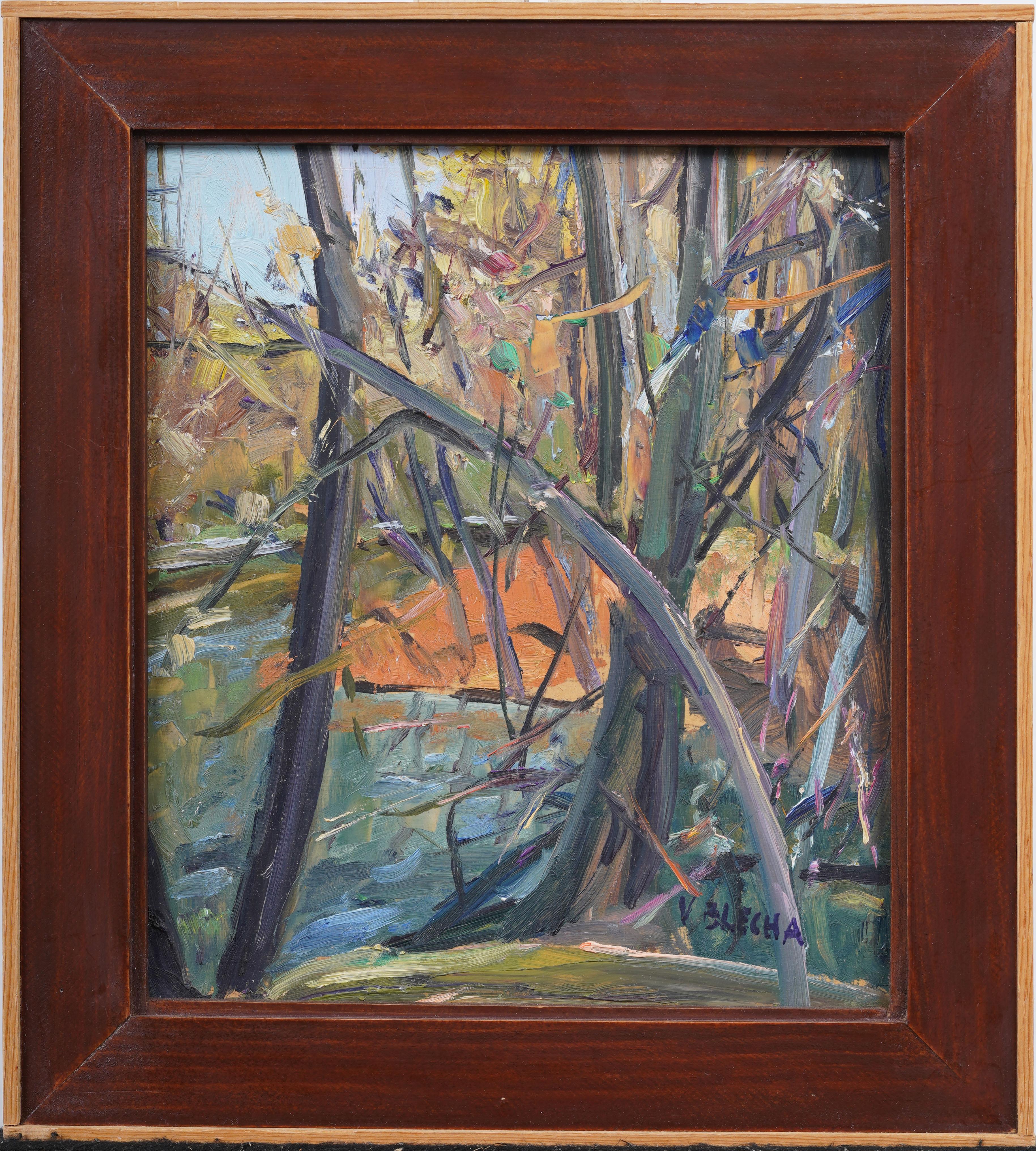 Vintage American Modernist Gerahmte Landschaft Signiert Fall River Szene Ölgemälde