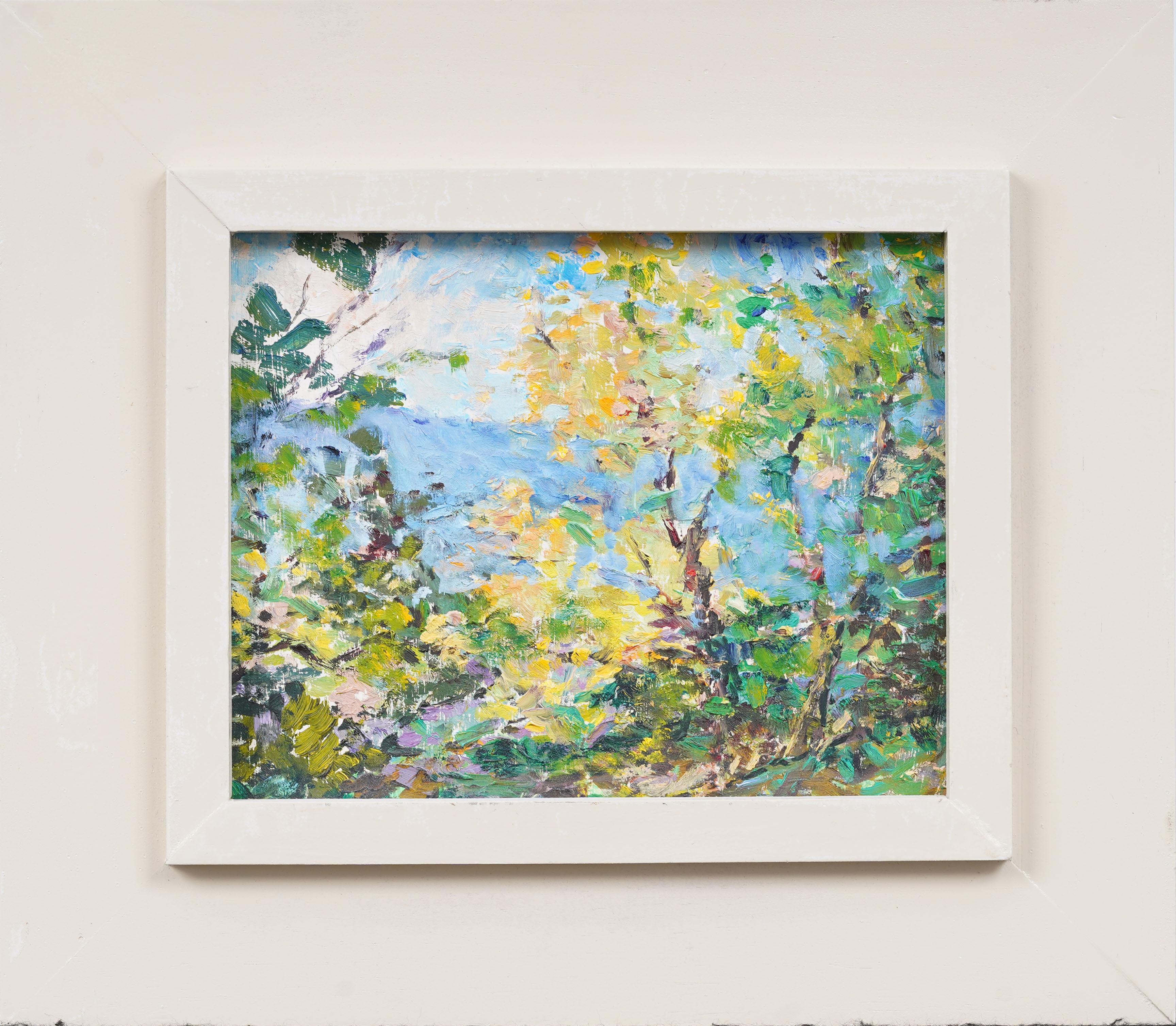 Vintage American Modernist Gerahmte Landschaft Signiert Fall River Szene Ölgemälde