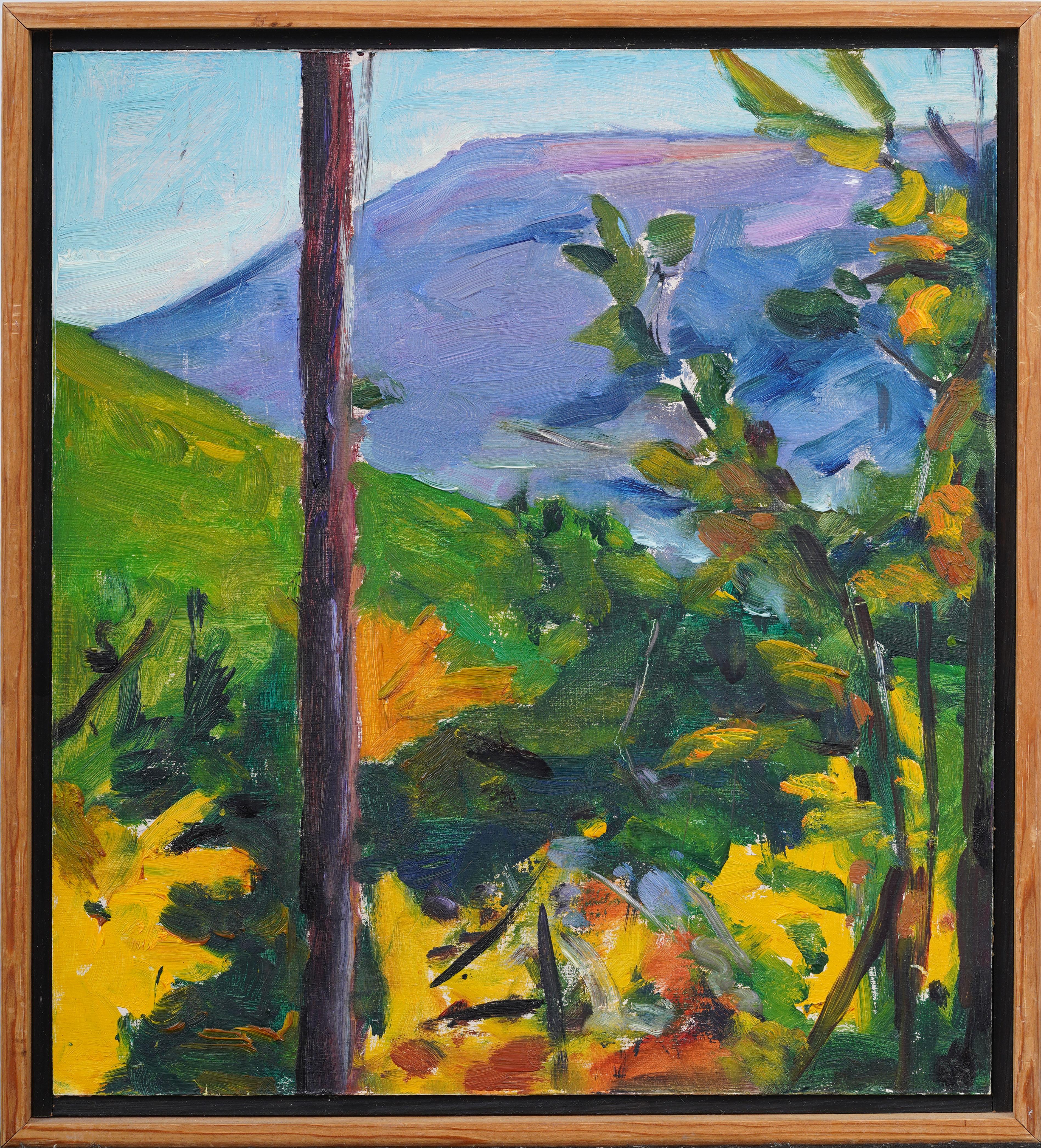 Unknown Landscape Painting – Vintage American Modernist Gerahmte Landschaft Signiert Fall River Szene Ölgemälde