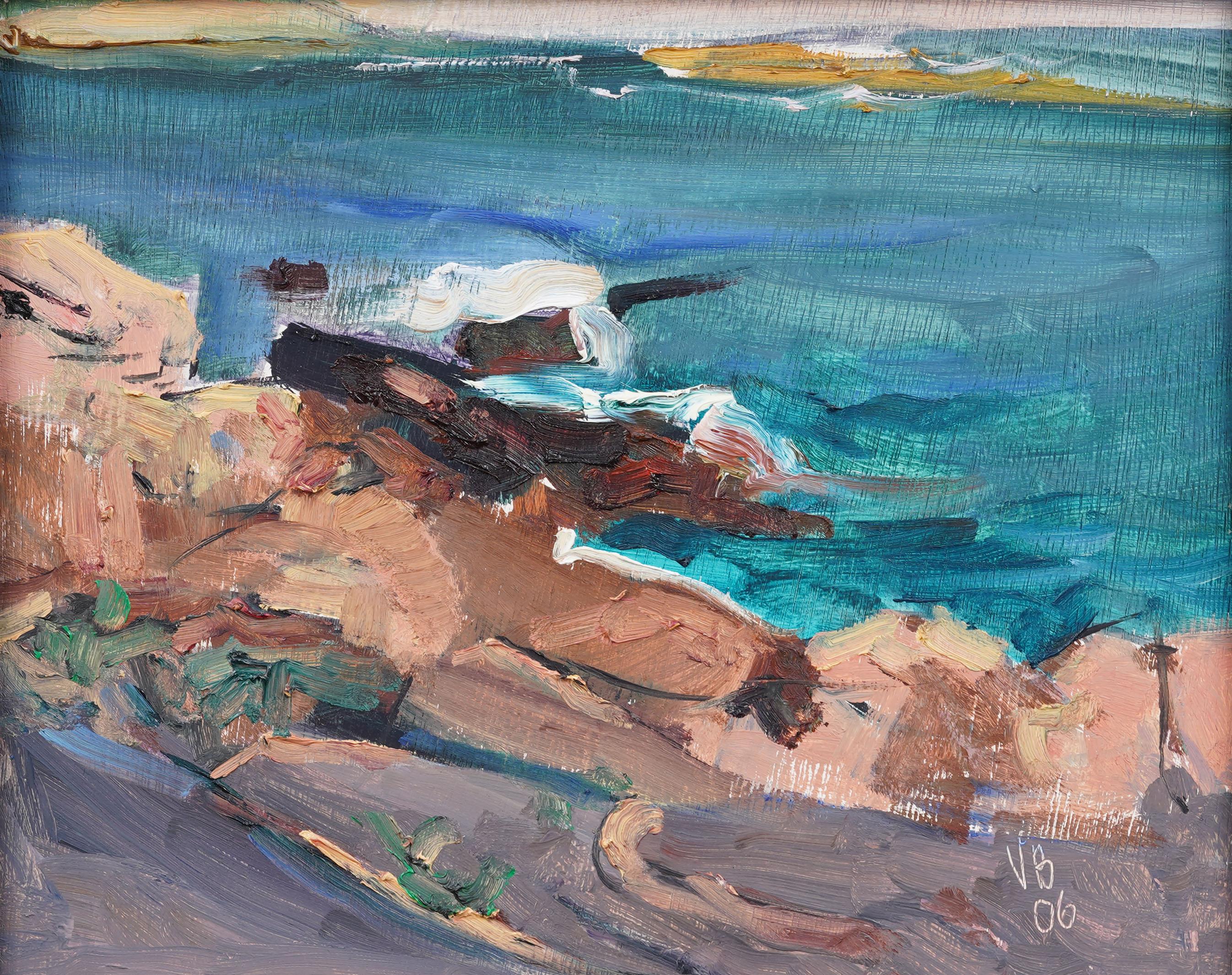 Vintage American Modernist Gerahmte Seelandschaft Signiert Fall River Szene Ölgemälde (Moderne), Painting, von Unknown