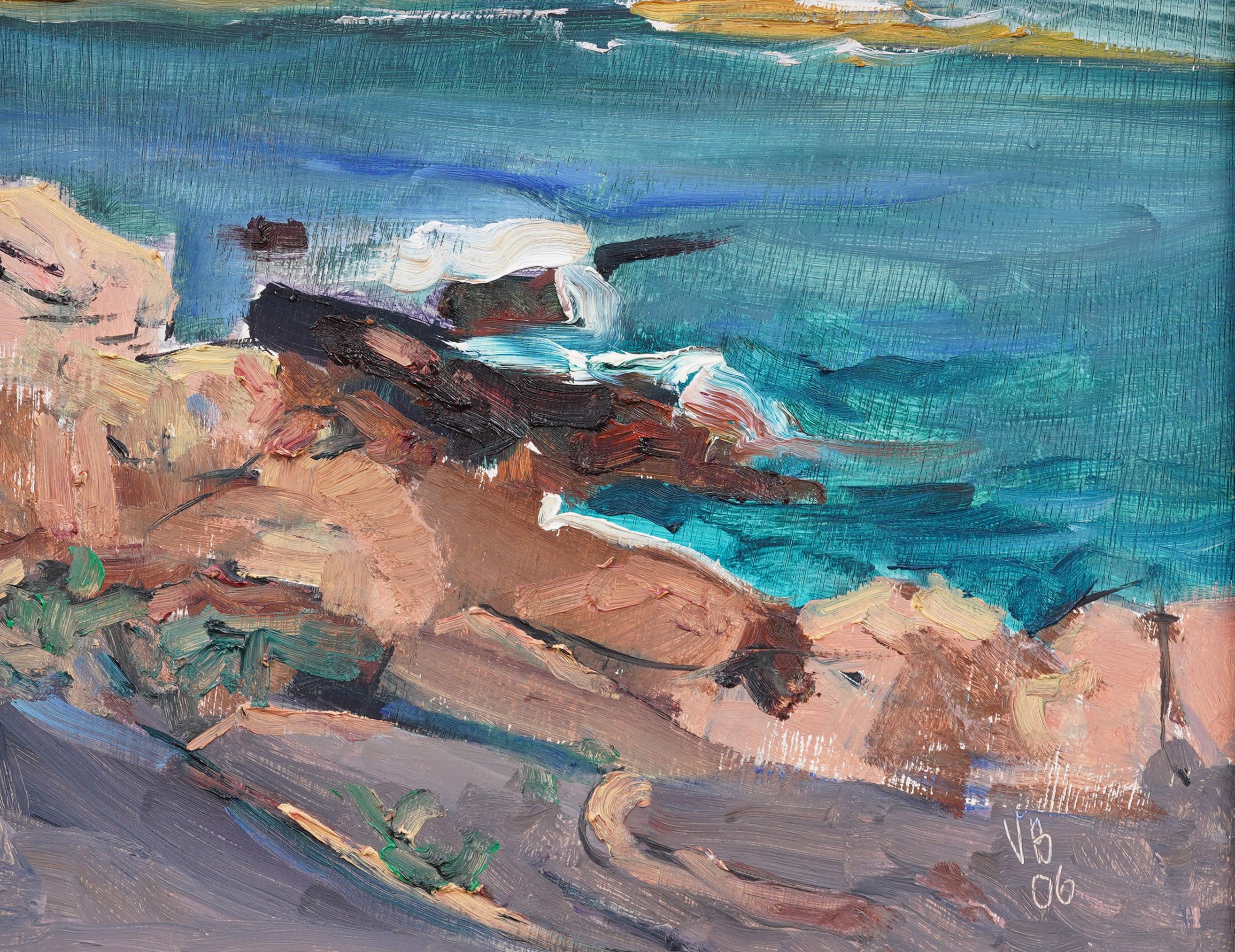 Vintage American Modernist Gerahmte Seelandschaft Signiert Fall River Szene Ölgemälde (Grau), Landscape Painting, von Unknown