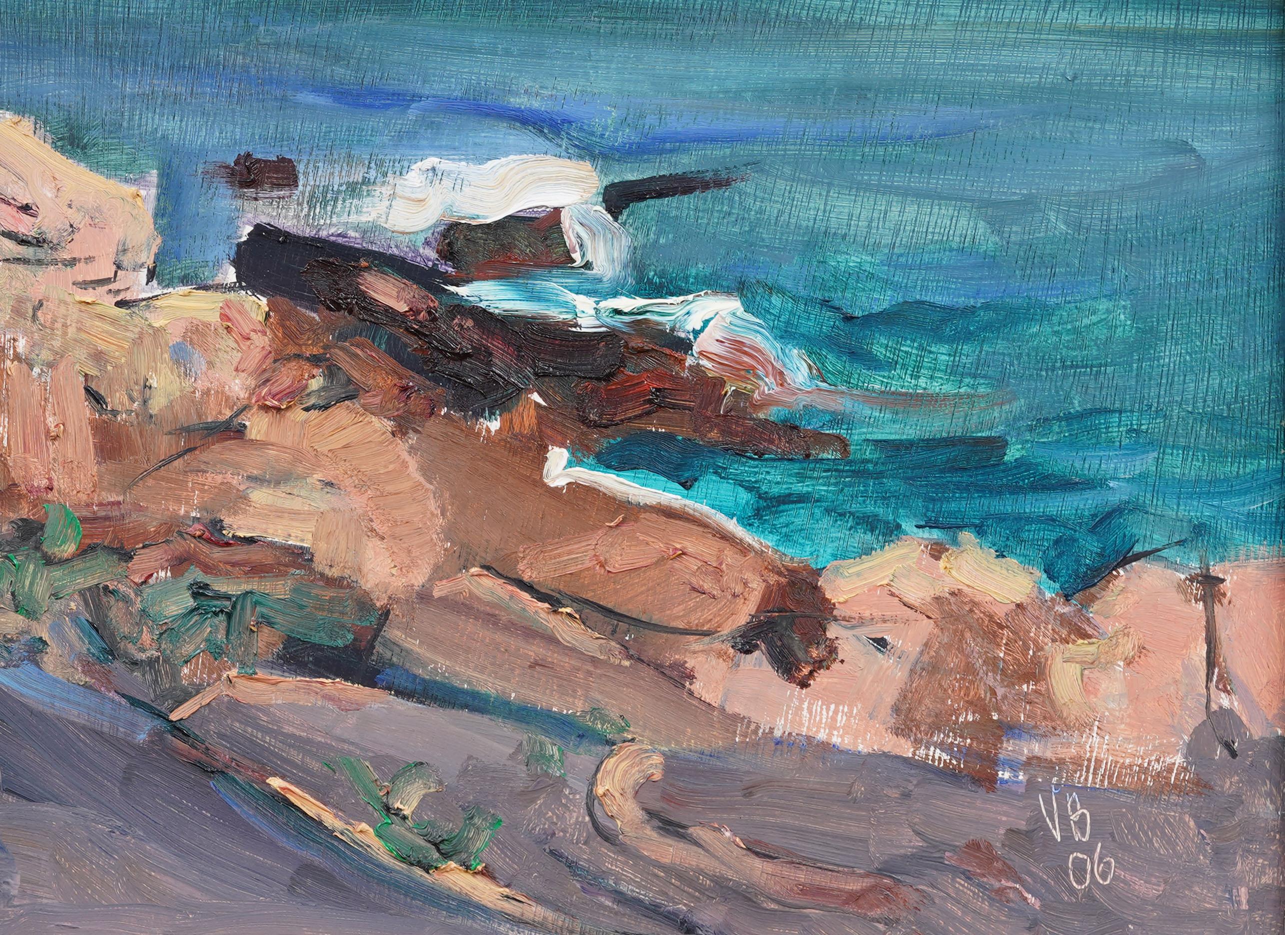 Vintage American modernist seascape Ölgemälde. Öl auf Karton. Unterschrieben. Gerahmt. Provenienz aus einer Sammlung in Sag Harbor, NY. Messen: 14 x 17 Zoll insgesamt.  Hübsch gerahmt in einer Holzleiste.  Ausgezeichneter Zustand, bereit zum