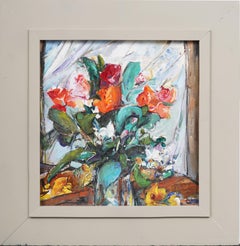 Vintage American Modernist Framed Signed Flower Still Life  Oil Painting