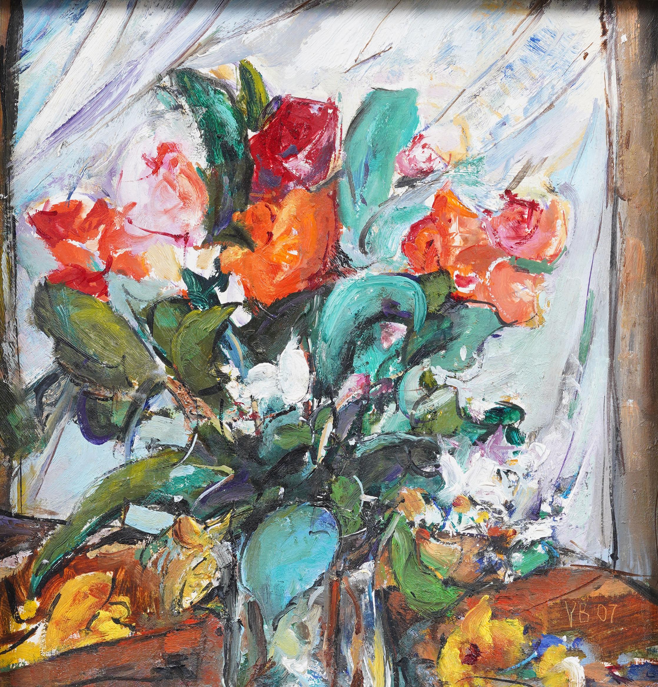Vintage American Modernist gerahmt signiert Blume Stillleben  Ölgemälde (Moderne), Painting, von Unknown