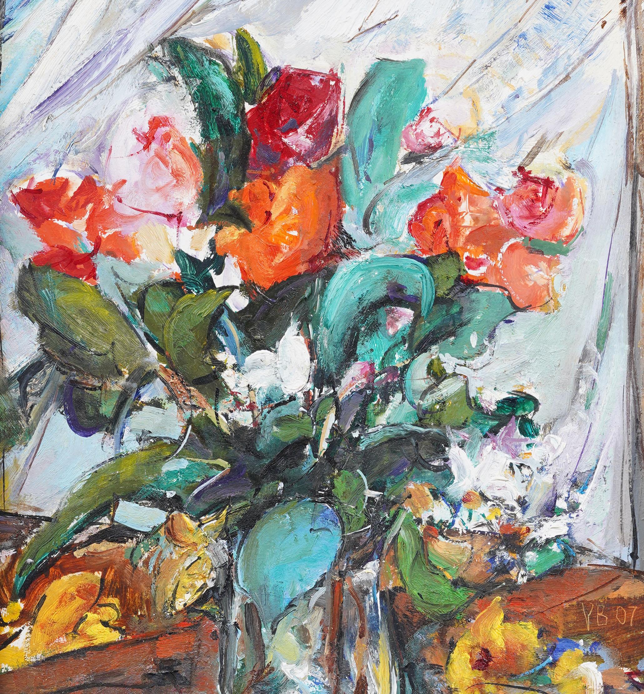 Vintage American Modernist gerahmt signiert Blume Stillleben  Ölgemälde (Grau), Abstract Painting, von Unknown