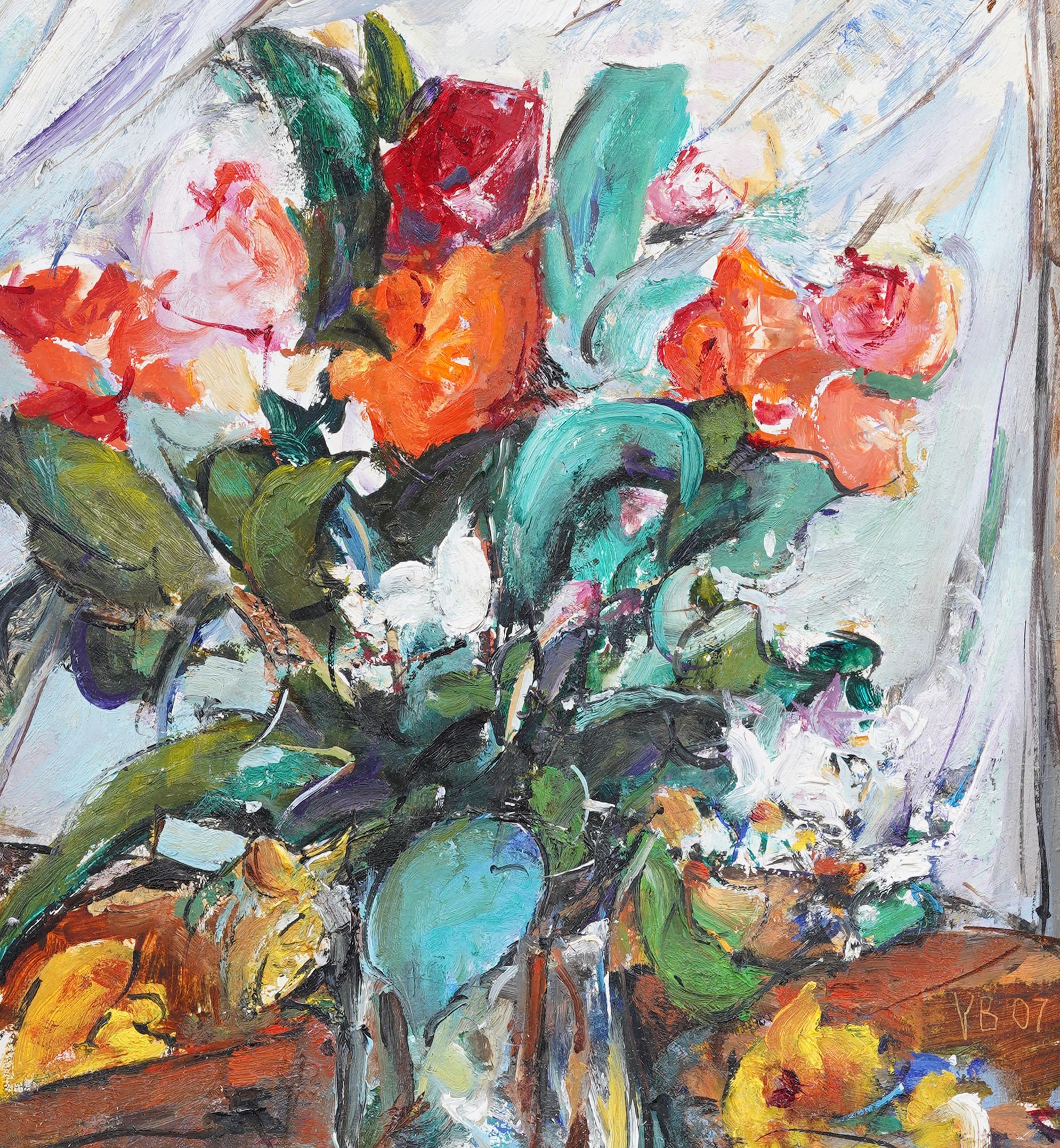 Vintage American modernist still life Ölgemälde. Öl auf Karton. Unterschrieben. Gerahmt. Provenienz aus einer Sammlung in Sag Harbor, NY. Messen: 17 x 16 Zoll insgesamt.  Hübsch gerahmt in einer Holzleiste.  Ausgezeichneter Zustand, bereit zum