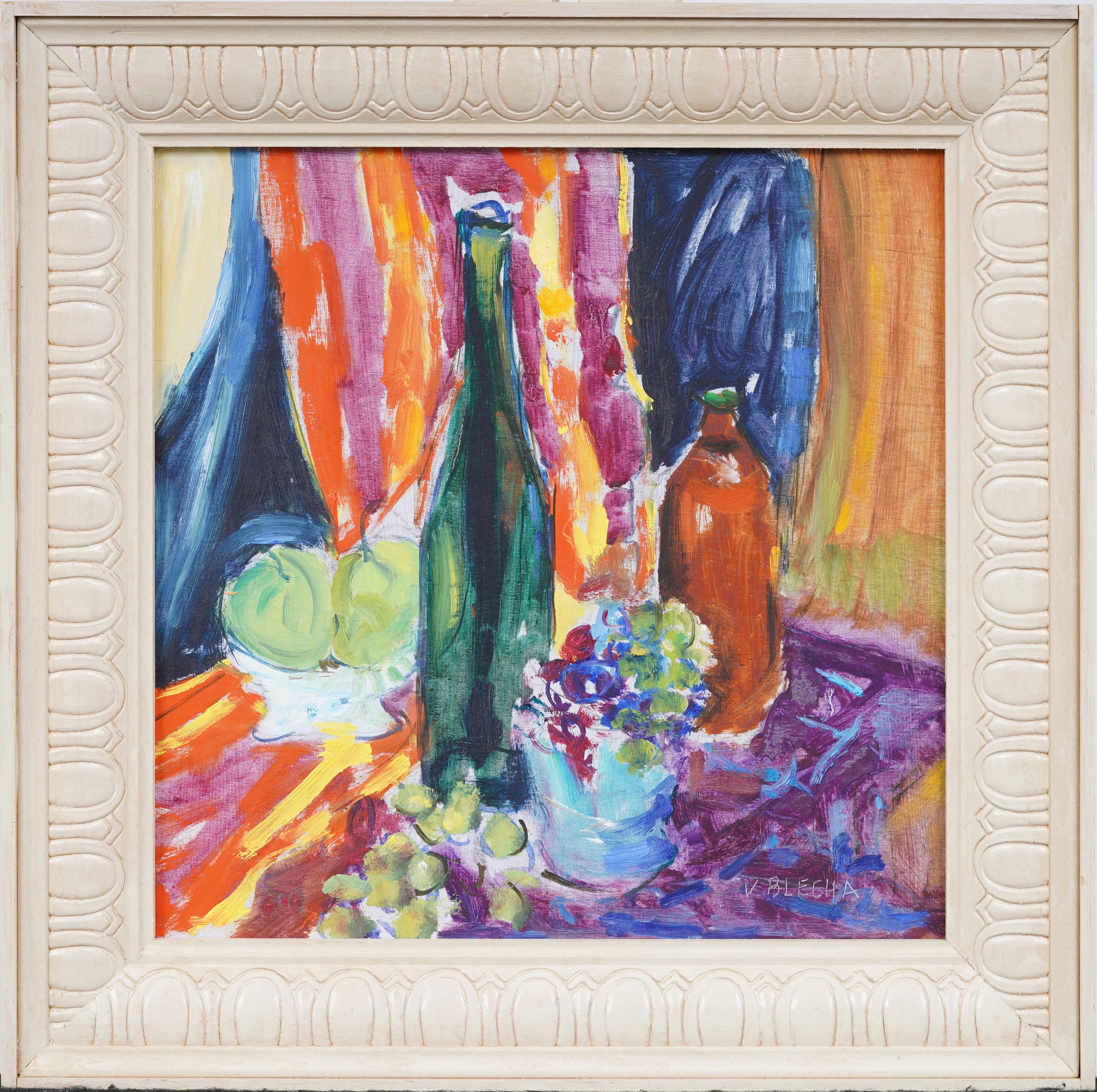 Vintage American Modernist gerahmt signiert Küche Stillleben Fauvist Ölgemälde – Painting von Unknown