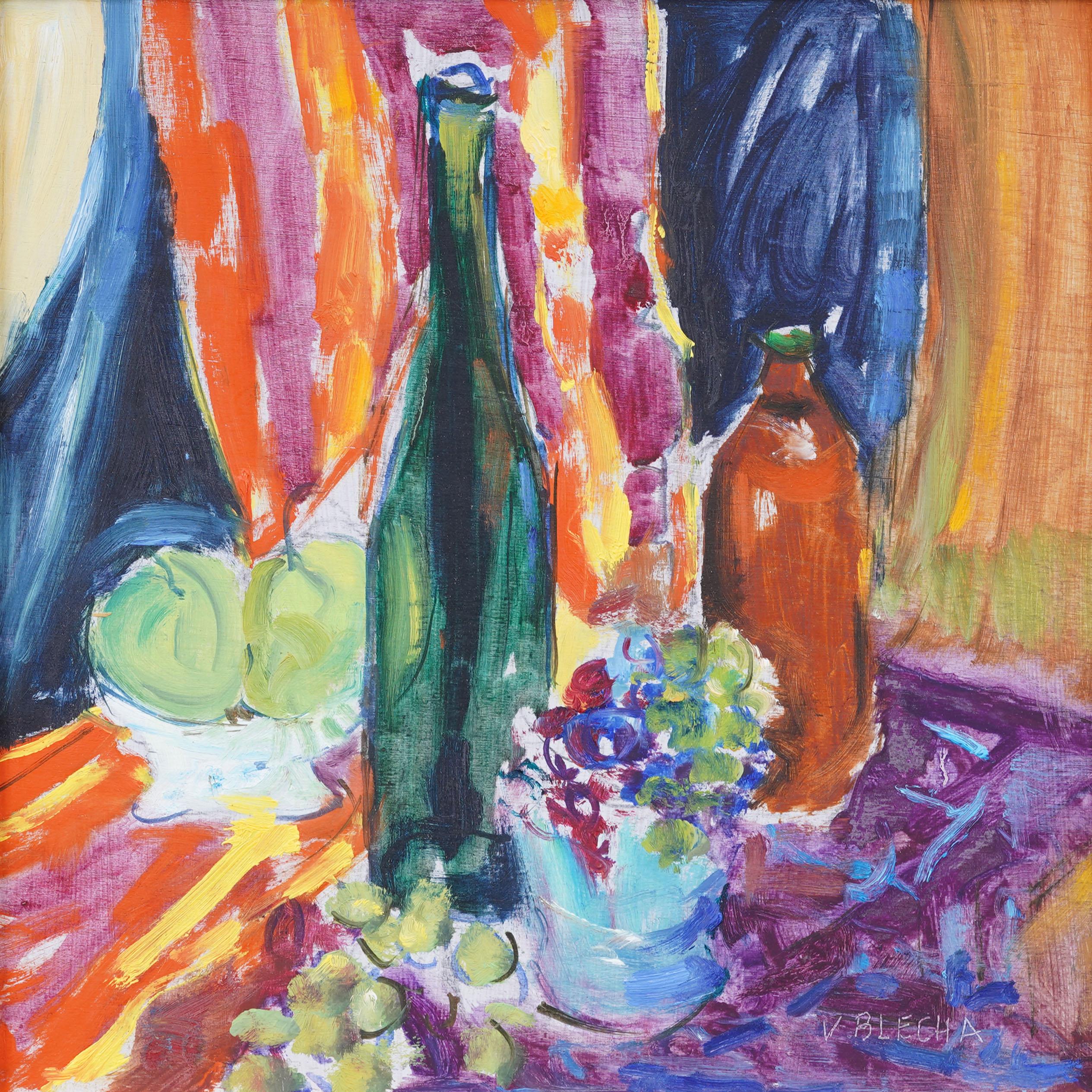 Vintage American Modernist gerahmt signiert Küche Stillleben Fauvist Ölgemälde (Fauvismus), Painting, von Unknown