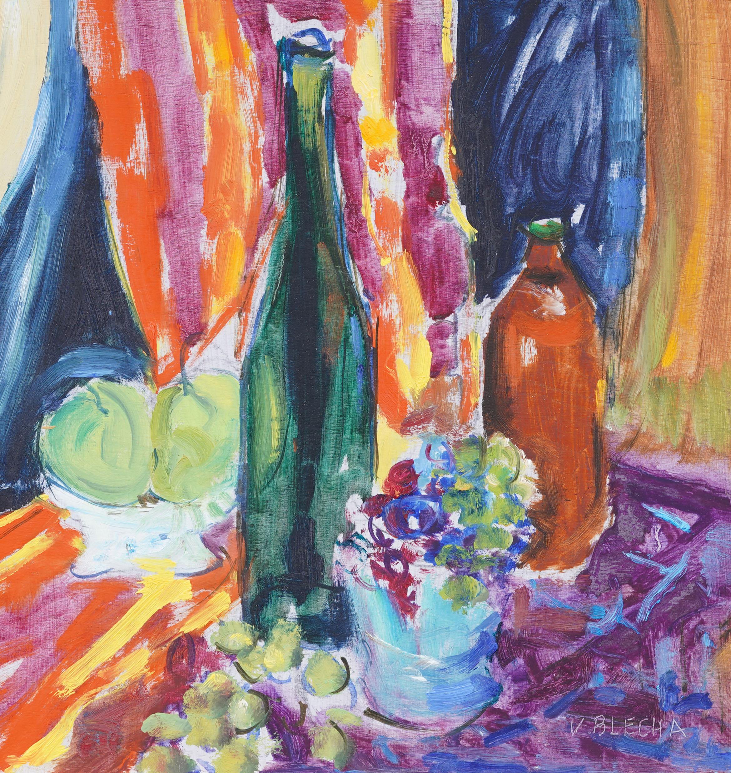 Vintage American Modernist gerahmt signiert Küche Stillleben Fauvist Ölgemälde (Grau), Abstract Painting, von Unknown