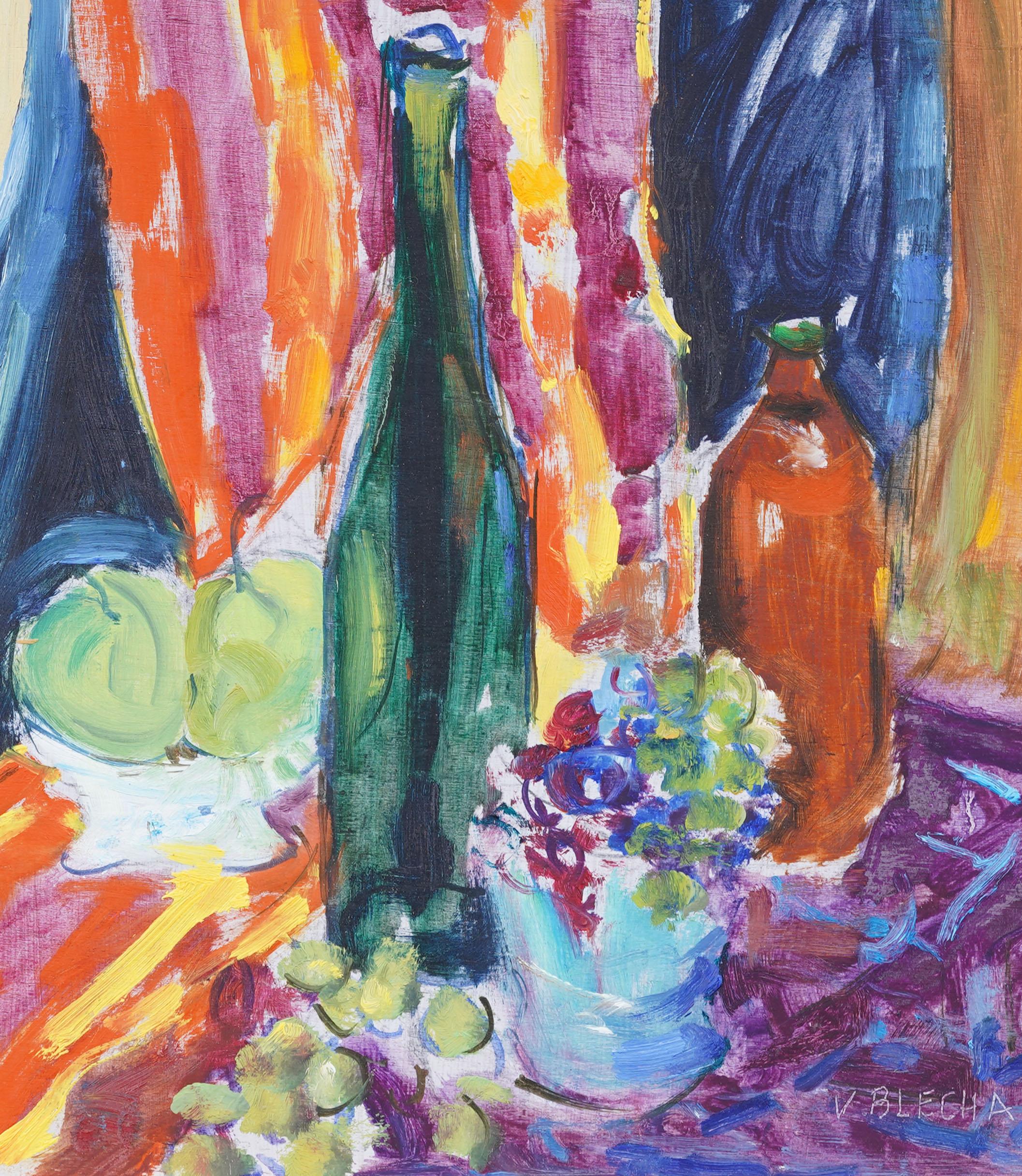 Vintage American modernist still life Ölgemälde. Öl auf Karton. Unterschrieben. Gerahmt. Provenienz aus einer Sammlung in Sag Harbor, NY. Messen: 16 x 16 Zoll insgesamt.  Hübsch gerahmt in einer Holzleiste.  Ausgezeichneter Zustand, bereit zum