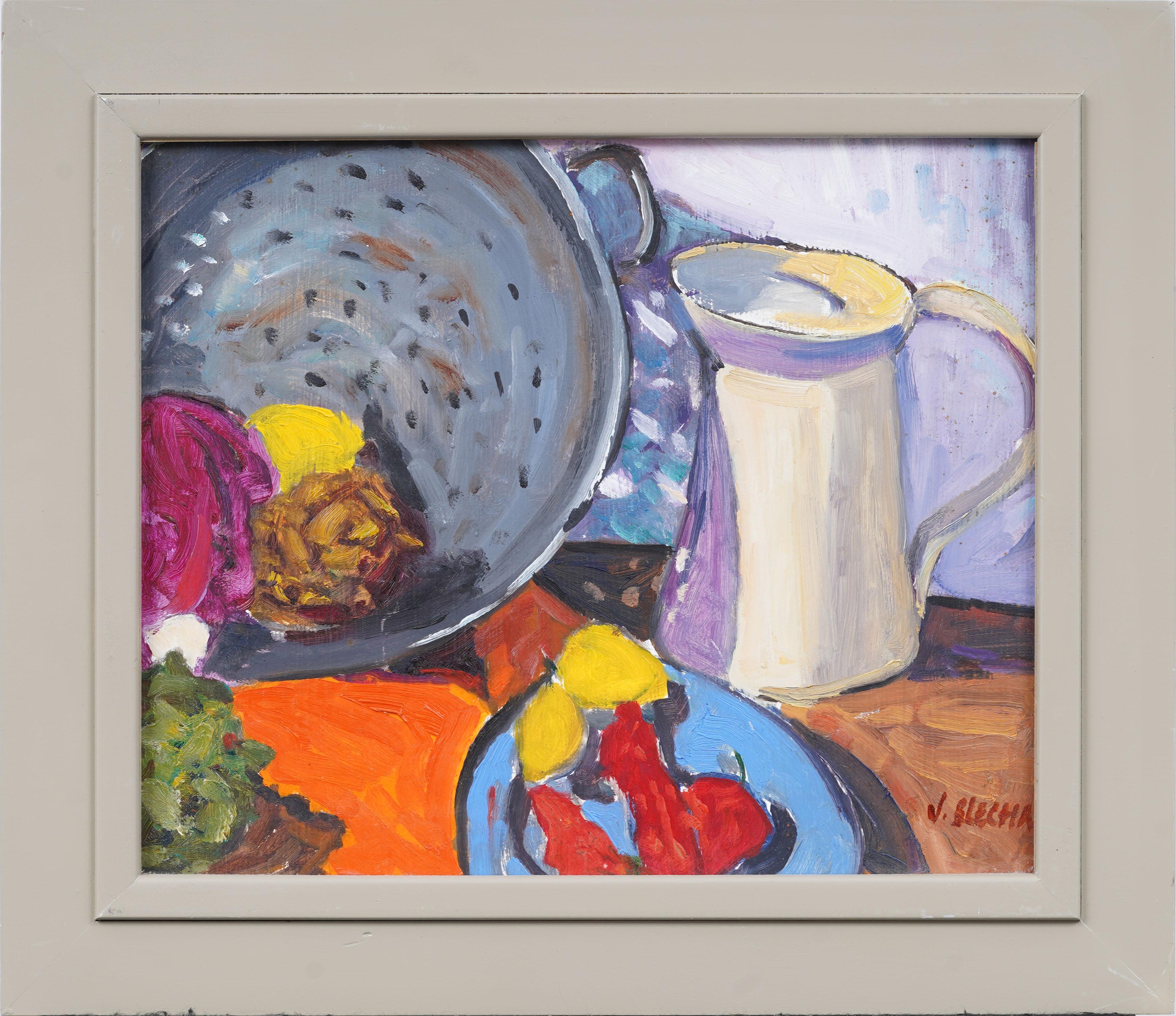 Vintage American Modernist gerahmt signiert Küche Tisch Stillleben Ölgemälde – Painting von Unknown