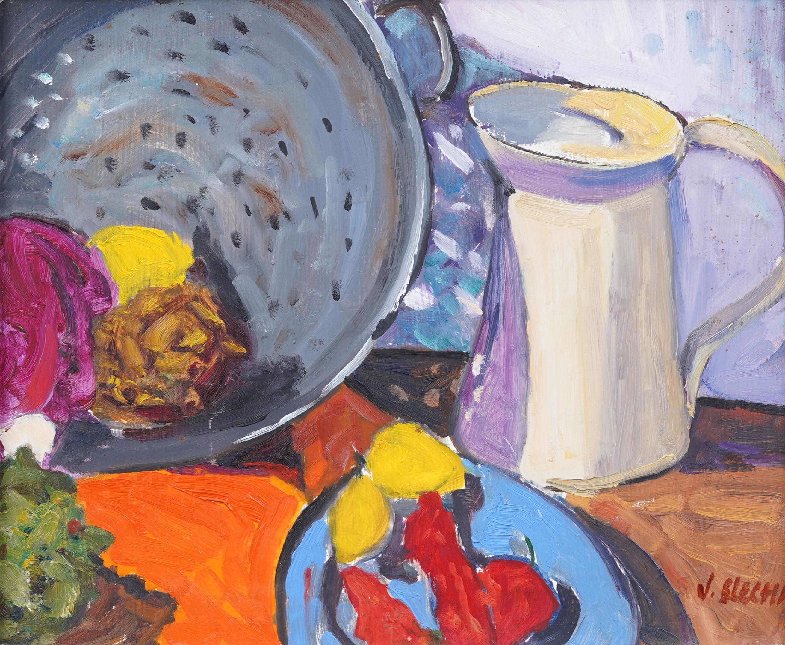 Vintage American Modernist gerahmt signiert Küche Tisch Stillleben Ölgemälde (Moderne), Painting, von Unknown