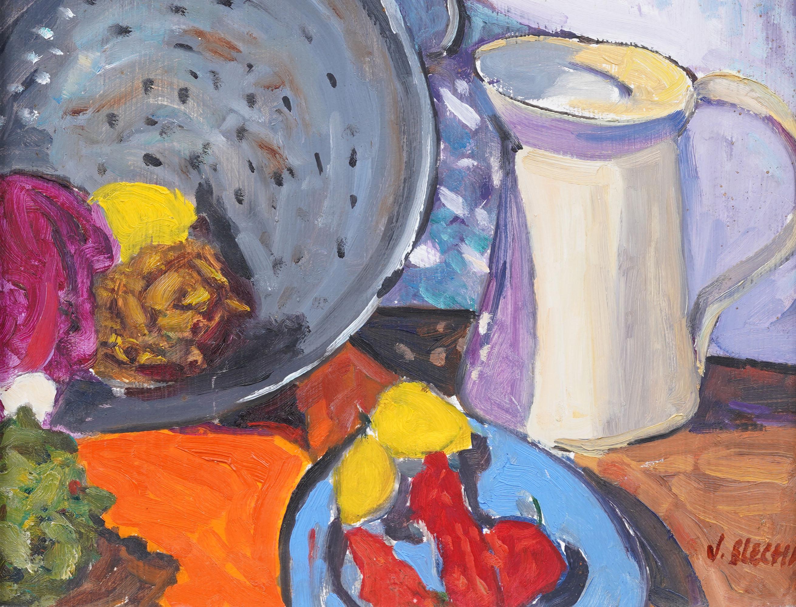 Vintage American Modernist gerahmt signiert Küche Tisch Stillleben Ölgemälde (Grau), Abstract Painting, von Unknown