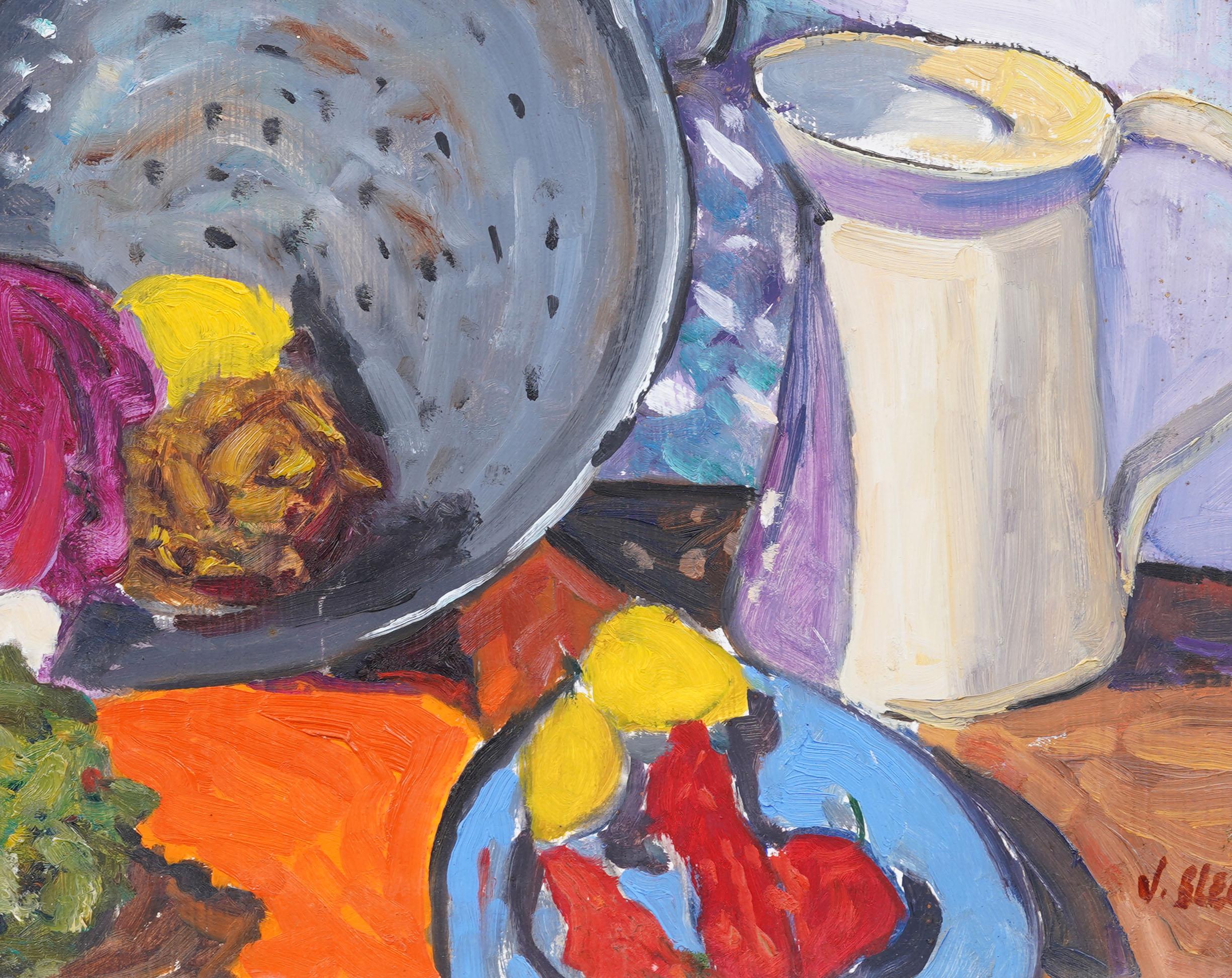 Vintage American modernist still life Ölgemälde. Öl auf Karton. Unterschrieben. Gerahmt. Provenienz aus einer Sammlung in Sag Harbor, NY. Messen: 19 x 16 Zoll insgesamt.  Hübsch gerahmt in einer Holzleiste.  Ausgezeichneter Zustand, bereit zum