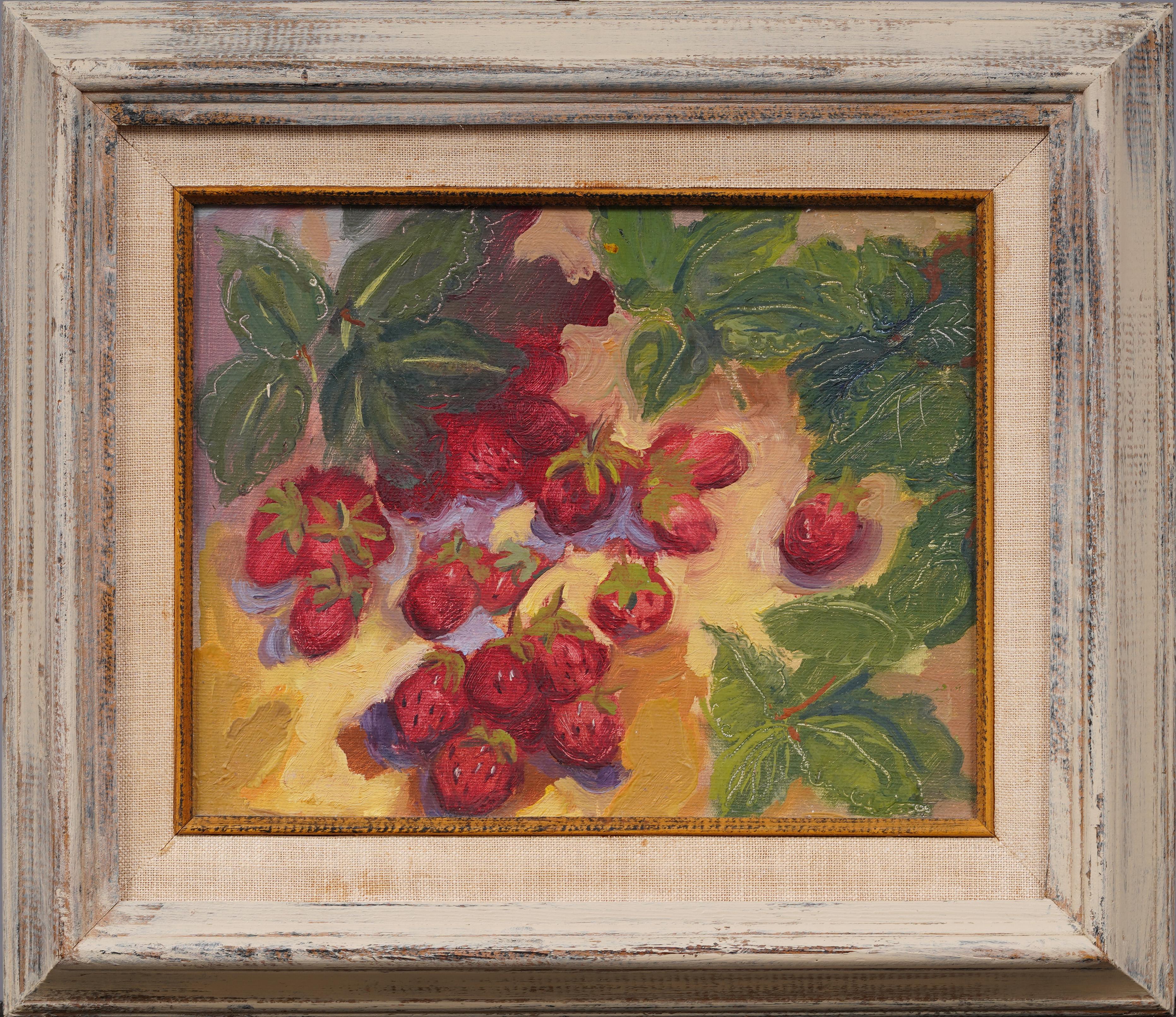 Vintage American Modernist Naturaleza muerta de fresas enmarcada Pintura al óleo firmada - Painting de Unknown