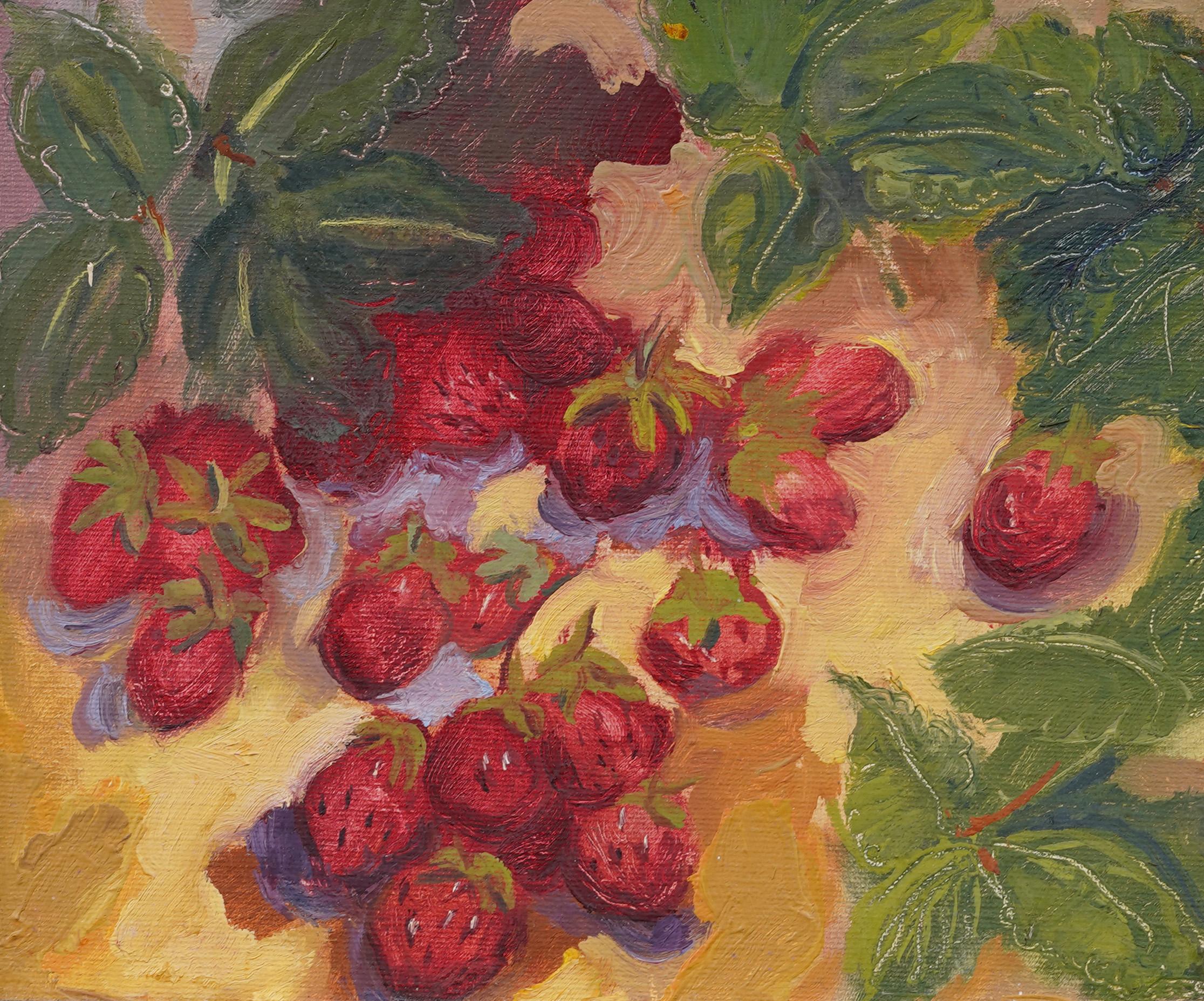 Vintage American Modernist Naturaleza muerta de fresas enmarcada Pintura al óleo firmada - Still-Life Painting Marrón de Unknown