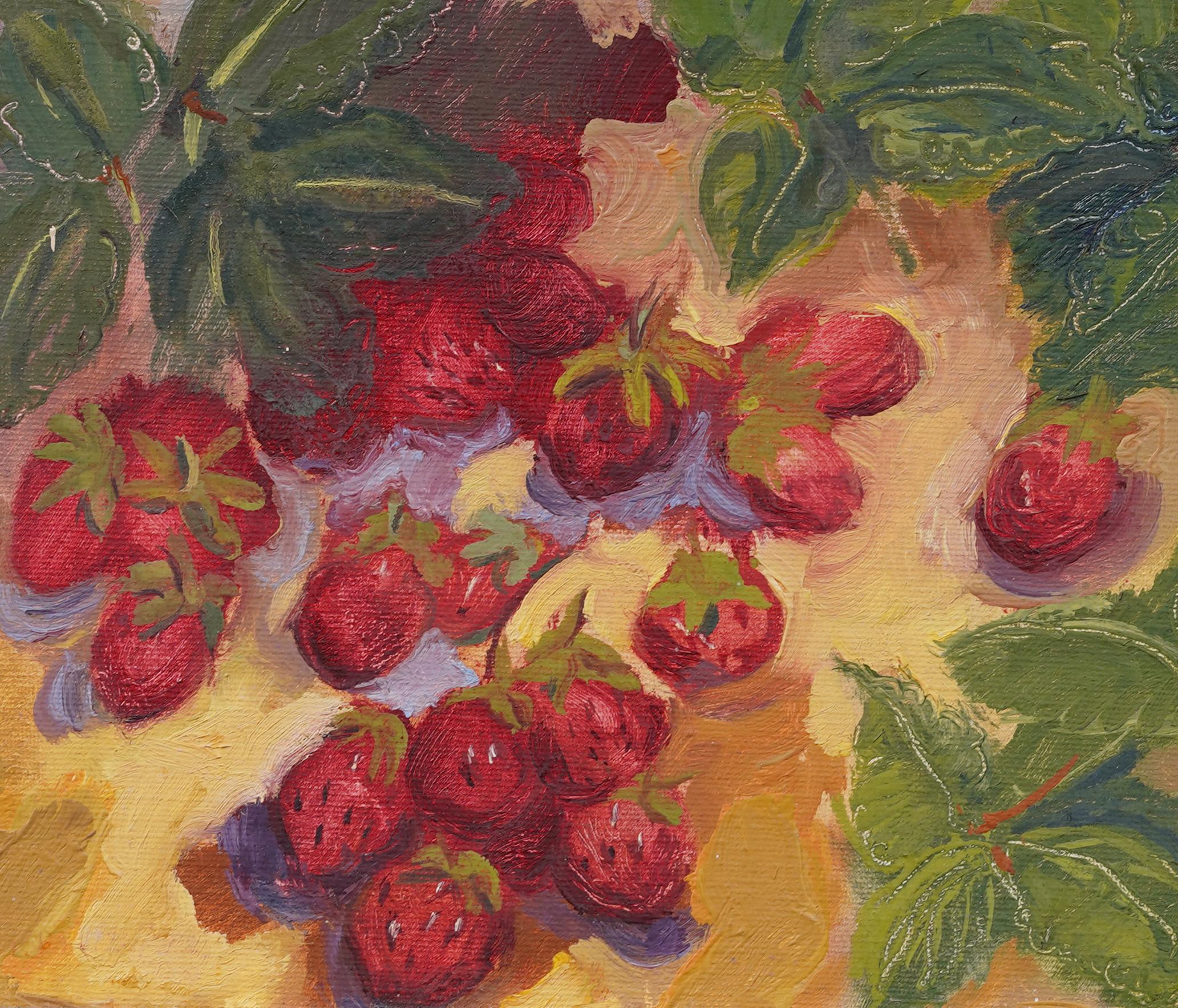 Impresionante bodegón modernista americano de fresas.  Enmarcado.  Óleo sobre lienzo.  Firmado.  Tamaño de la imagen, 8H por 10L.