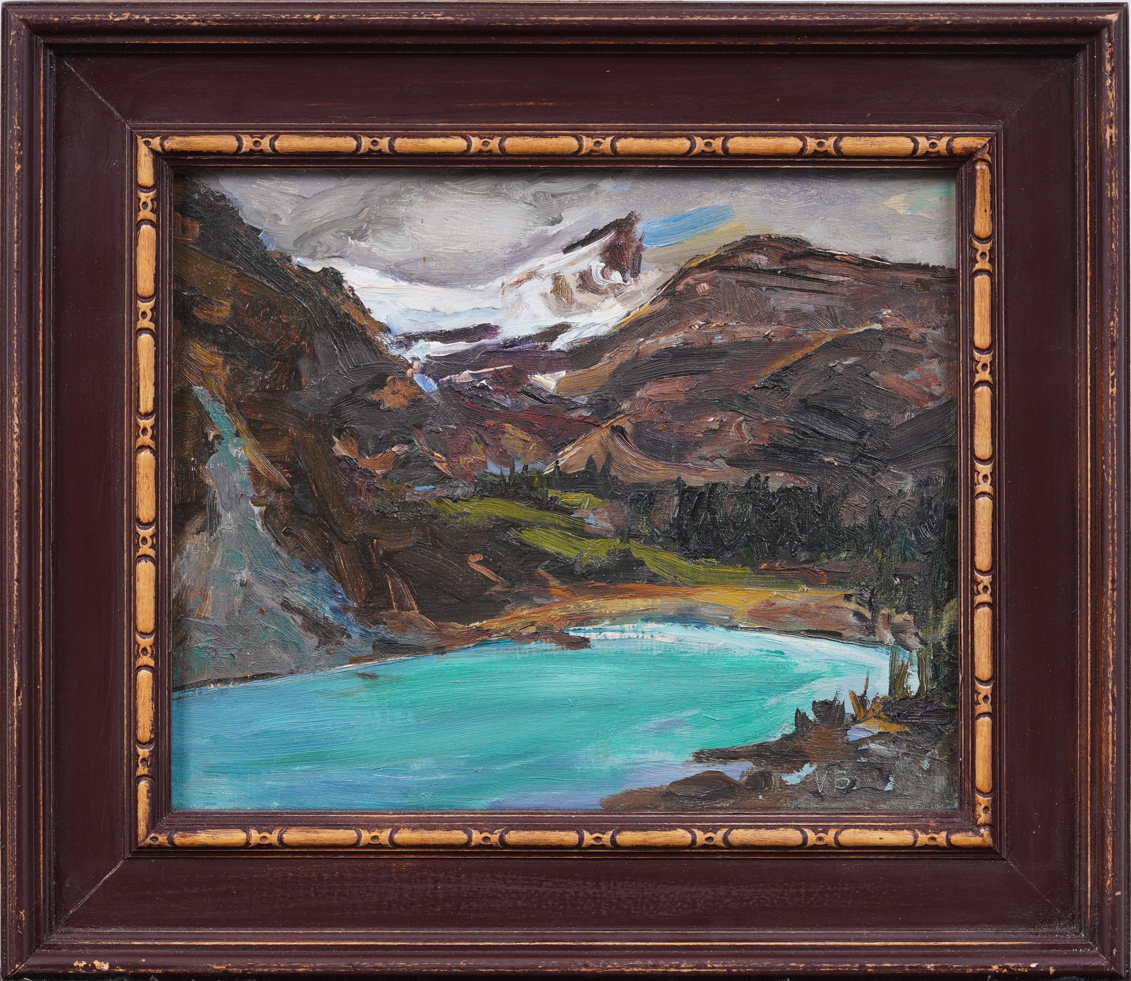 Vintage American Modernist gerahmt Winter Mountain Landscape Scene Ölgemälde