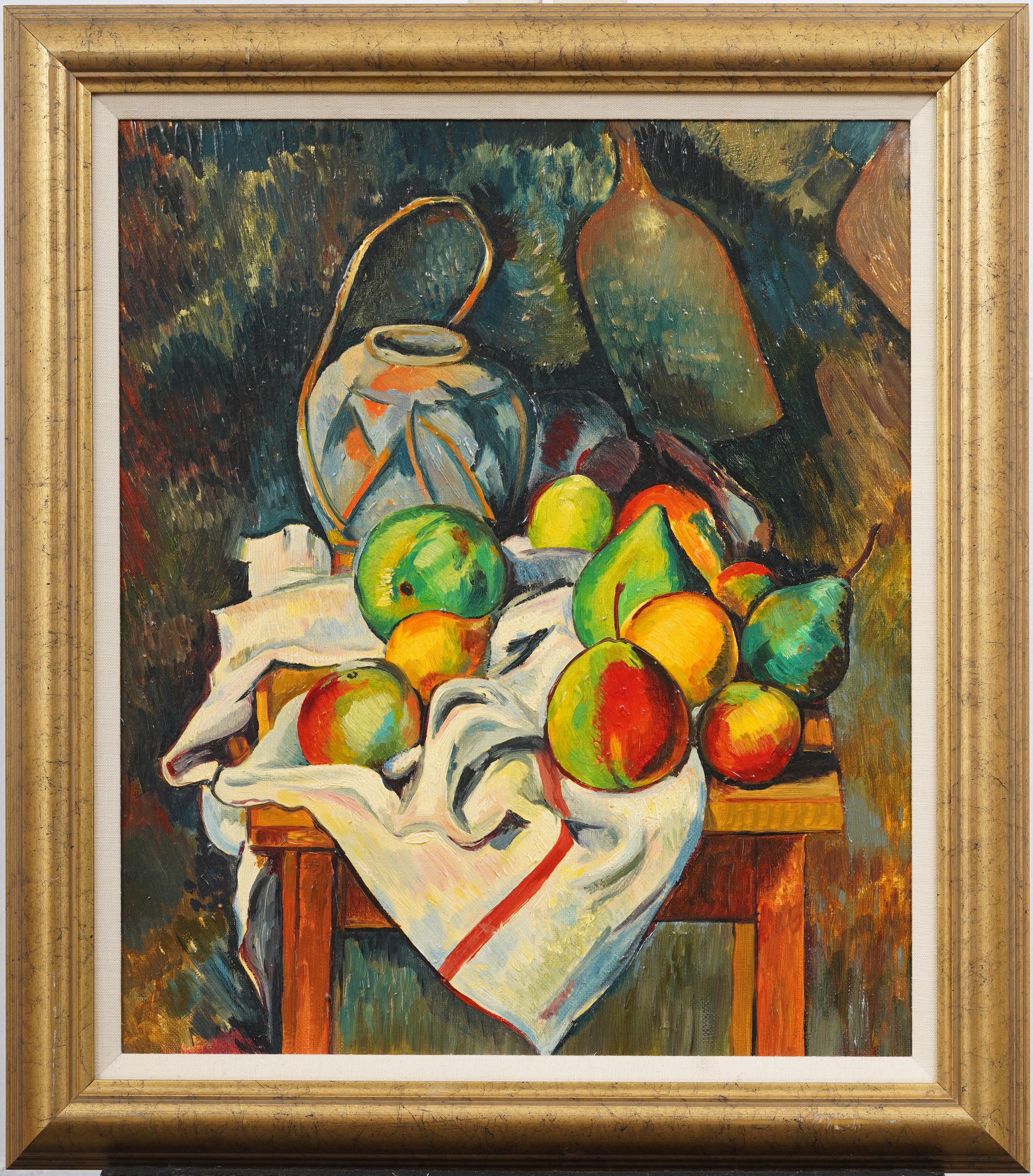 Vintage American Modernist Fruit Still Life Framed Cubist Oil Painting - Brown Interior Painting by Unknown