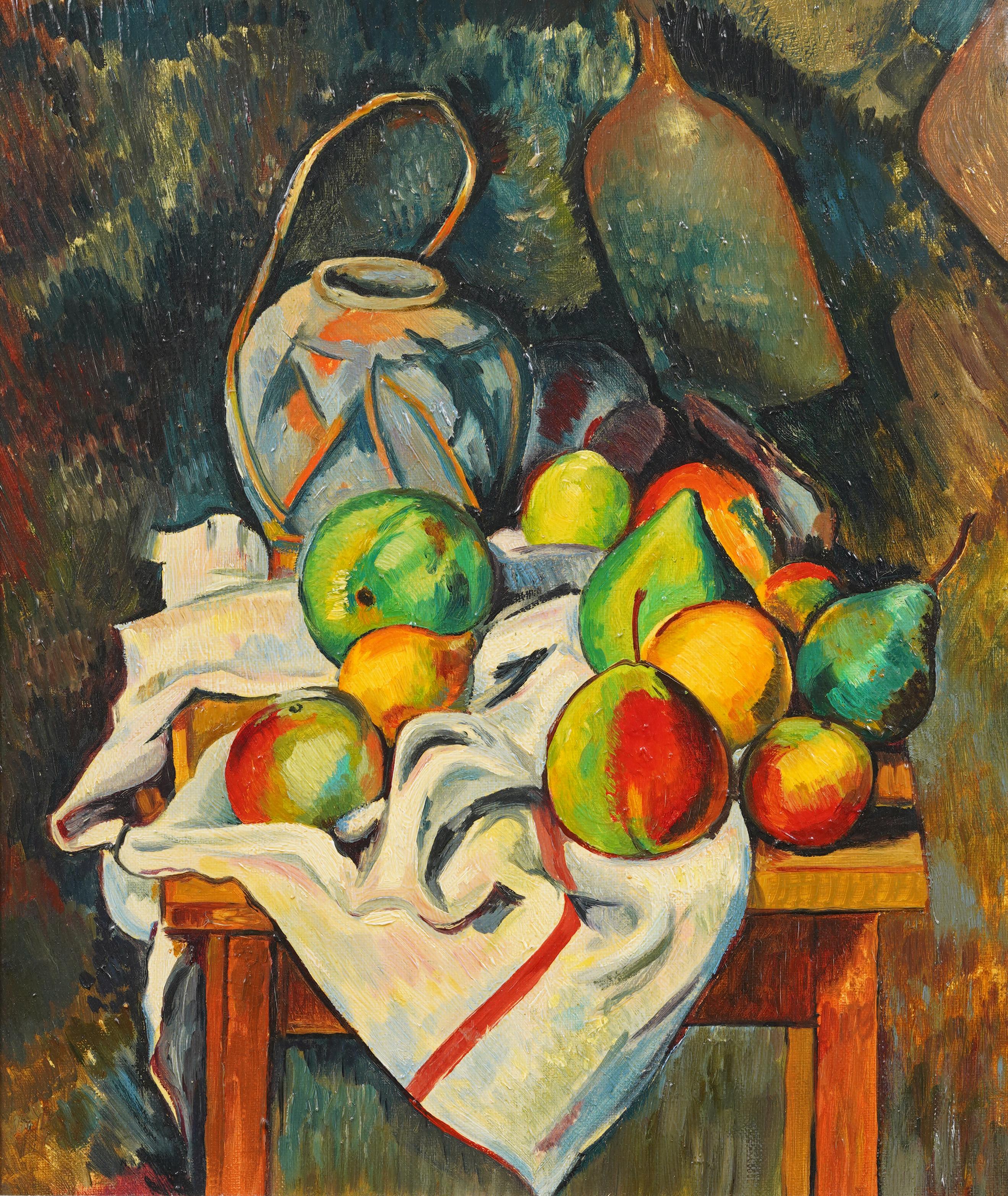 Vintage modernist still life oil painting. Oil on canvas.  Framed. In excellent original condition. Handsomely framed in a  giltwood molding.  Excellent condition, ready to hang and enjoy. 