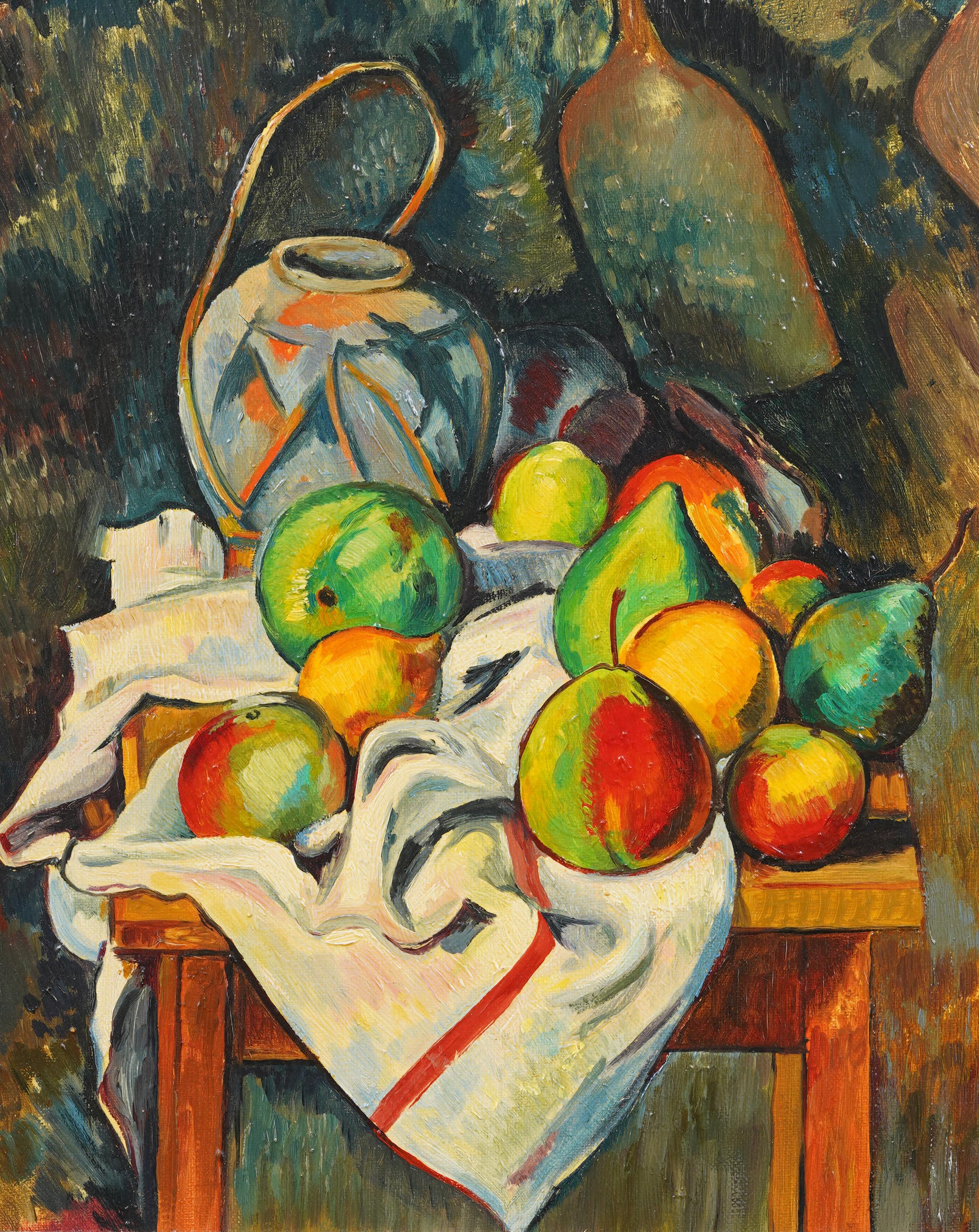 Vintage American Modernist Fruit Still Life Framed Cubist Oil Painting For Sale 1