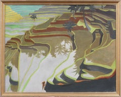 Galleria modernista americana d'epoca che espone un dipinto di paesaggio agricolo hawaiano