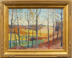 Vintage American Modernist Giltwood Framed Forest Landscape Oil Painting