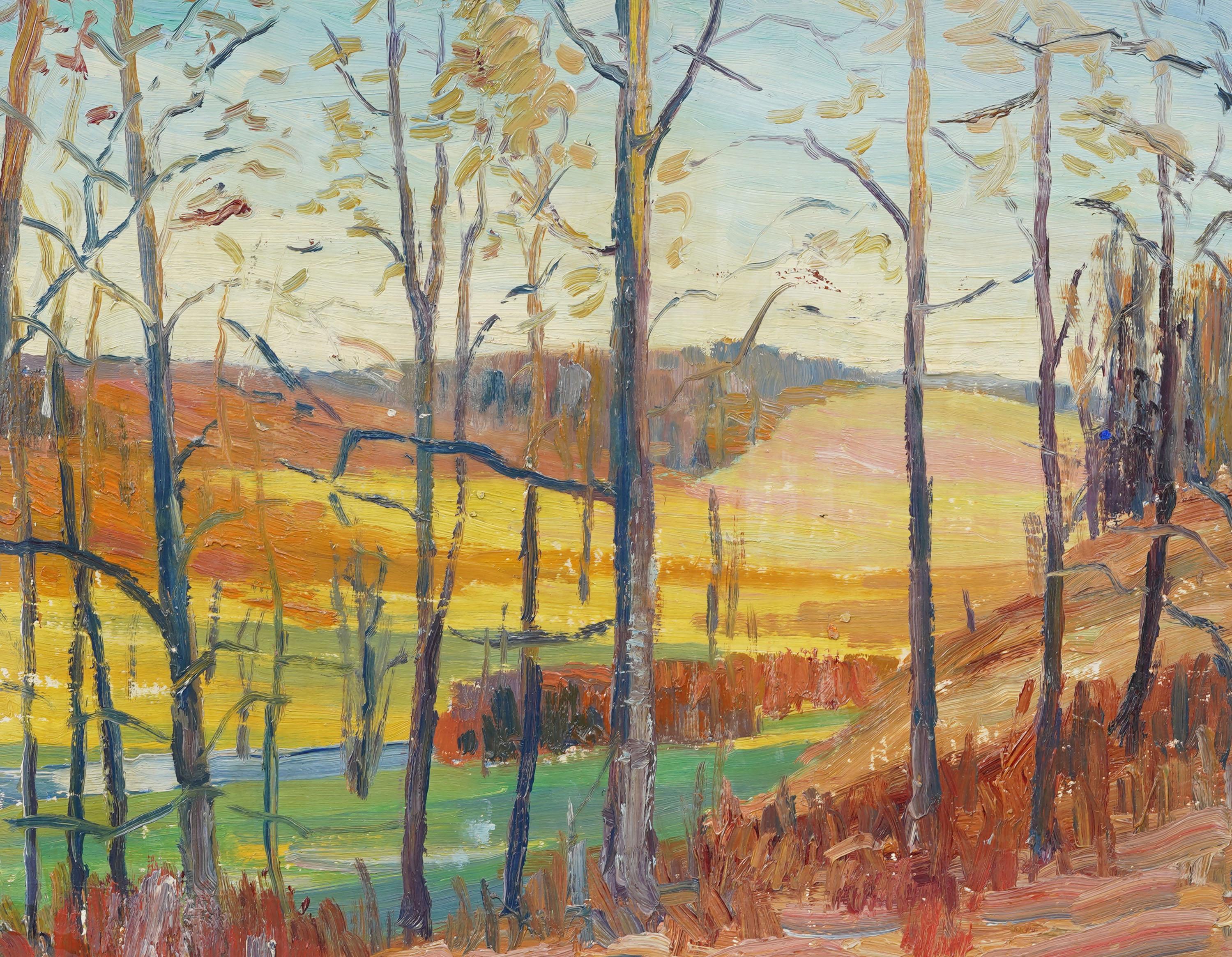 Vintage American Modernist Giltwood gerahmt Waldlandschaft Ölgemälde (Braun), Landscape Painting, von Unknown