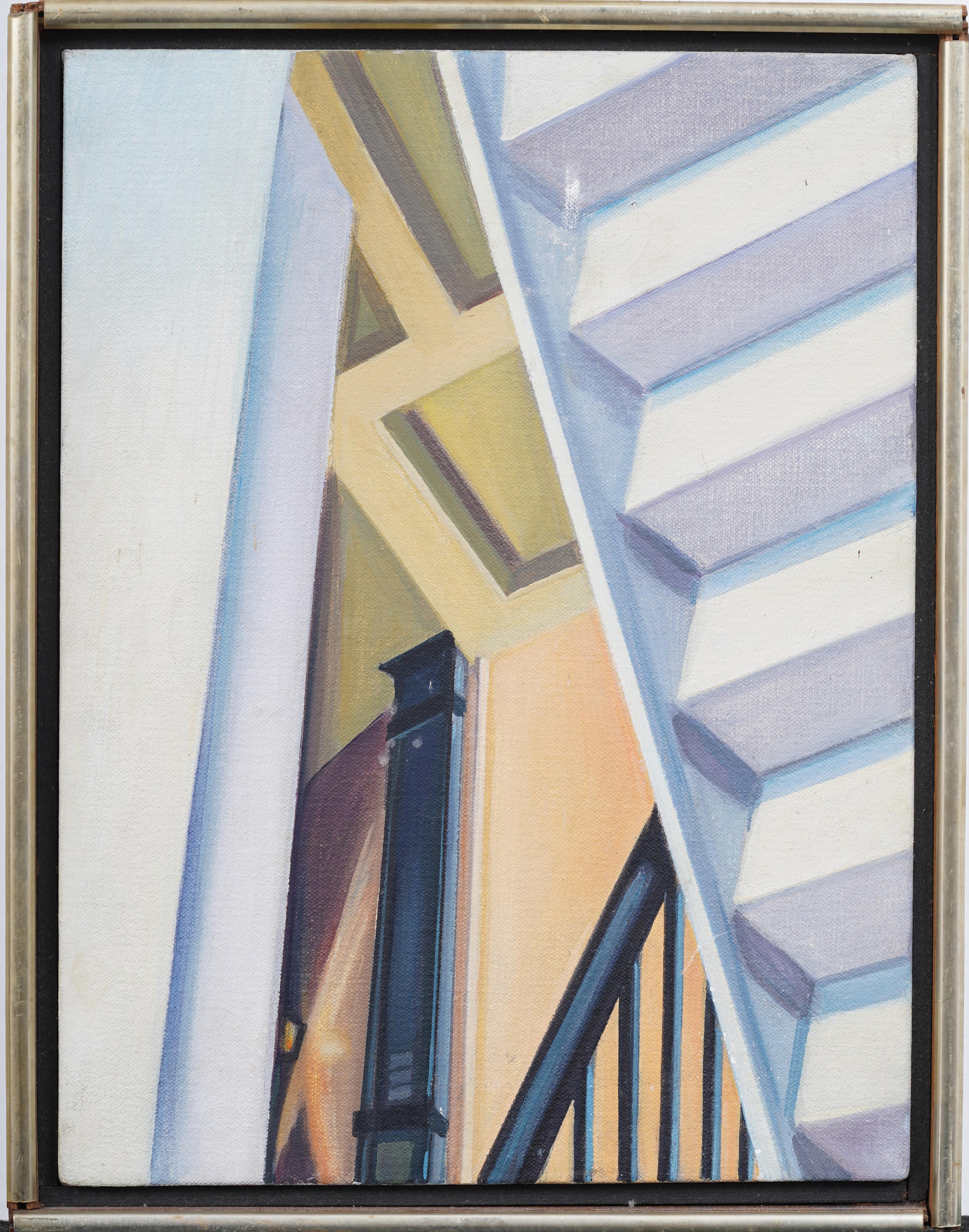 Vintage American Modernist Interior Architectural Framed Original Oil Painting