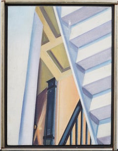 Vintage American Modernist Interior Architectural Framed Original Oil Painting